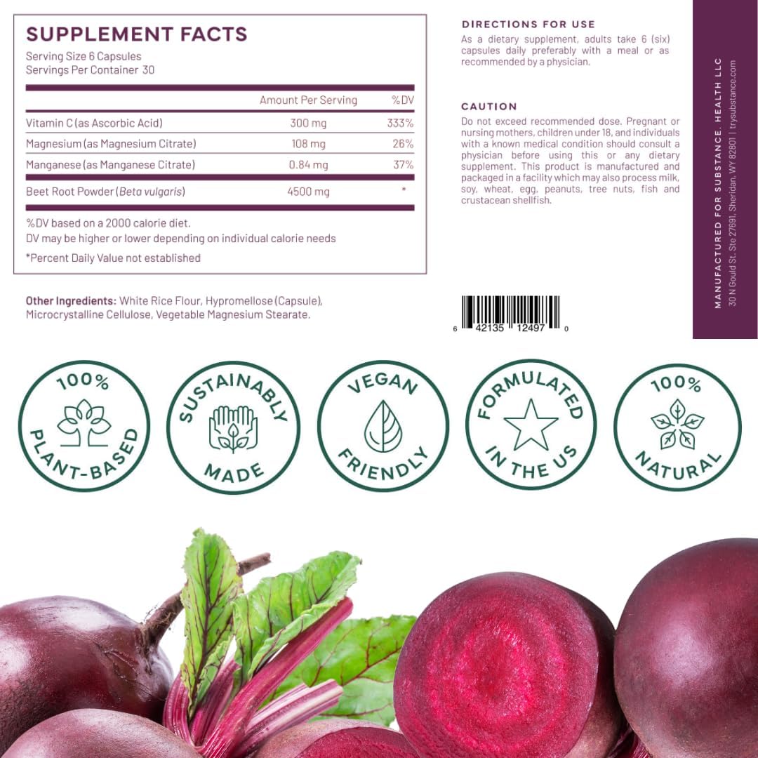 Beetroot Boost Capsules 4500mg - 30 Day Supply, Beet Root Supplement with Vitamin-C & Manganese for Energy - Natural Nitric Oxide Booster, Vegan-Friendly - Made in USA