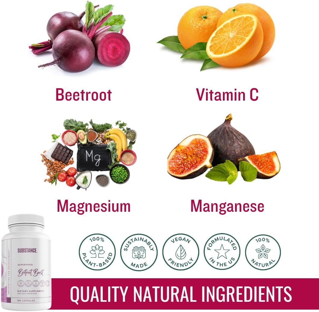 Beetroot Boost Capsules 4500mg - 30 Day Supply, Beet Root Supplement with Vitamin-C & Manganese for Energy - Natural Nitric Oxide Booster, Vegan-Friendly - Made in USA