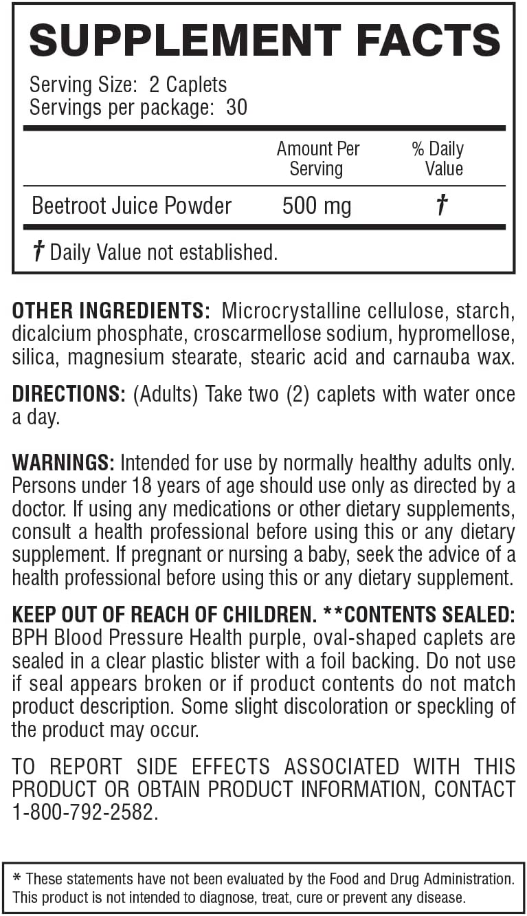 Beetroot Caplets for Blood Pressure Support - 60 Count Dietary Supplement for BPH & Heart Health