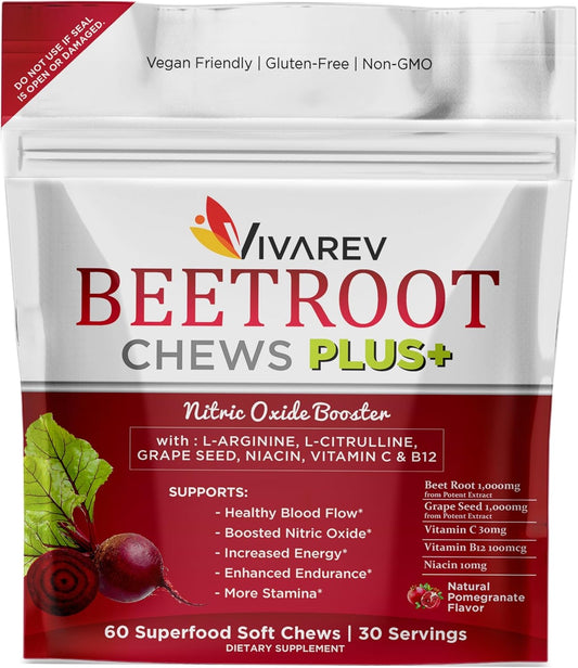 Beetroot Nitric Oxide Supplement Chews with L Arginine, L Citrulline, Grape Seed Extract, Niacin, Vitamin C & B12 - 1000mg Beet Powder - Pack of 60