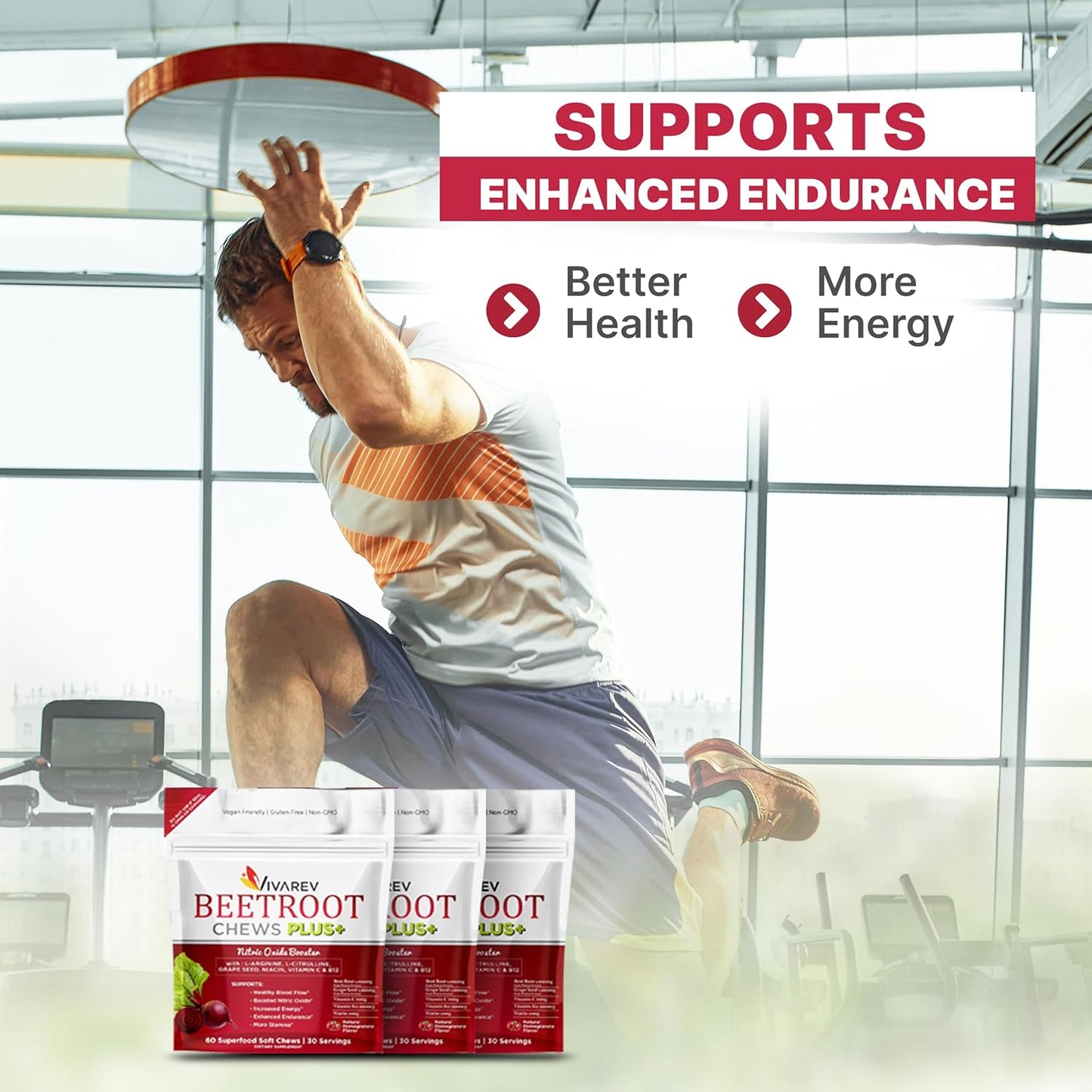 Beetroot Nitric Oxide Supplement Chews with L Arginine, L Citrulline, Grape Seed Extract, Niacin, Vitamin C & B12 - 1000mg Beet Powder - Pack of 60