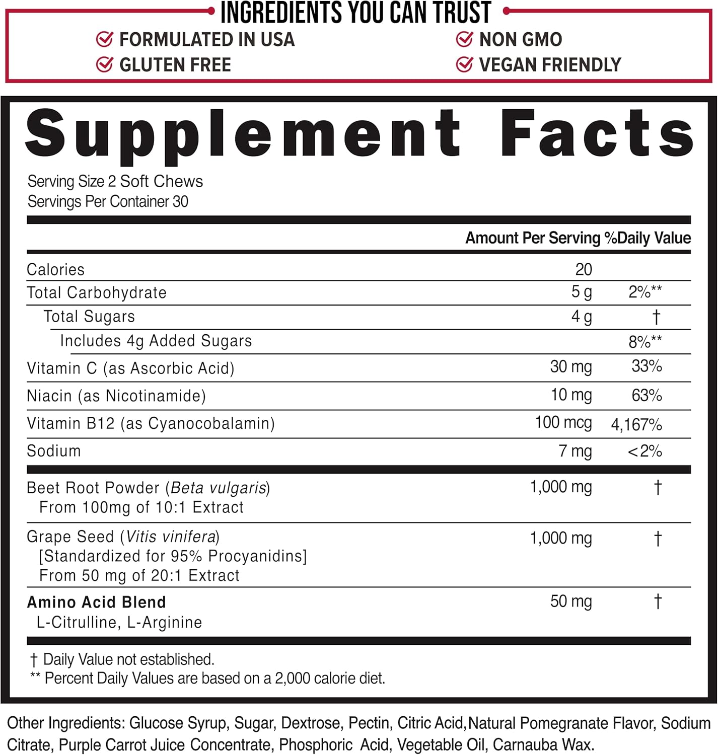 Beetroot Nitric Oxide Supplement Chews with L Arginine, L Citrulline, Grape Seed Extract, Niacin, Vitamin C & B12 - 1000mg Beet Powder - Pack of 60