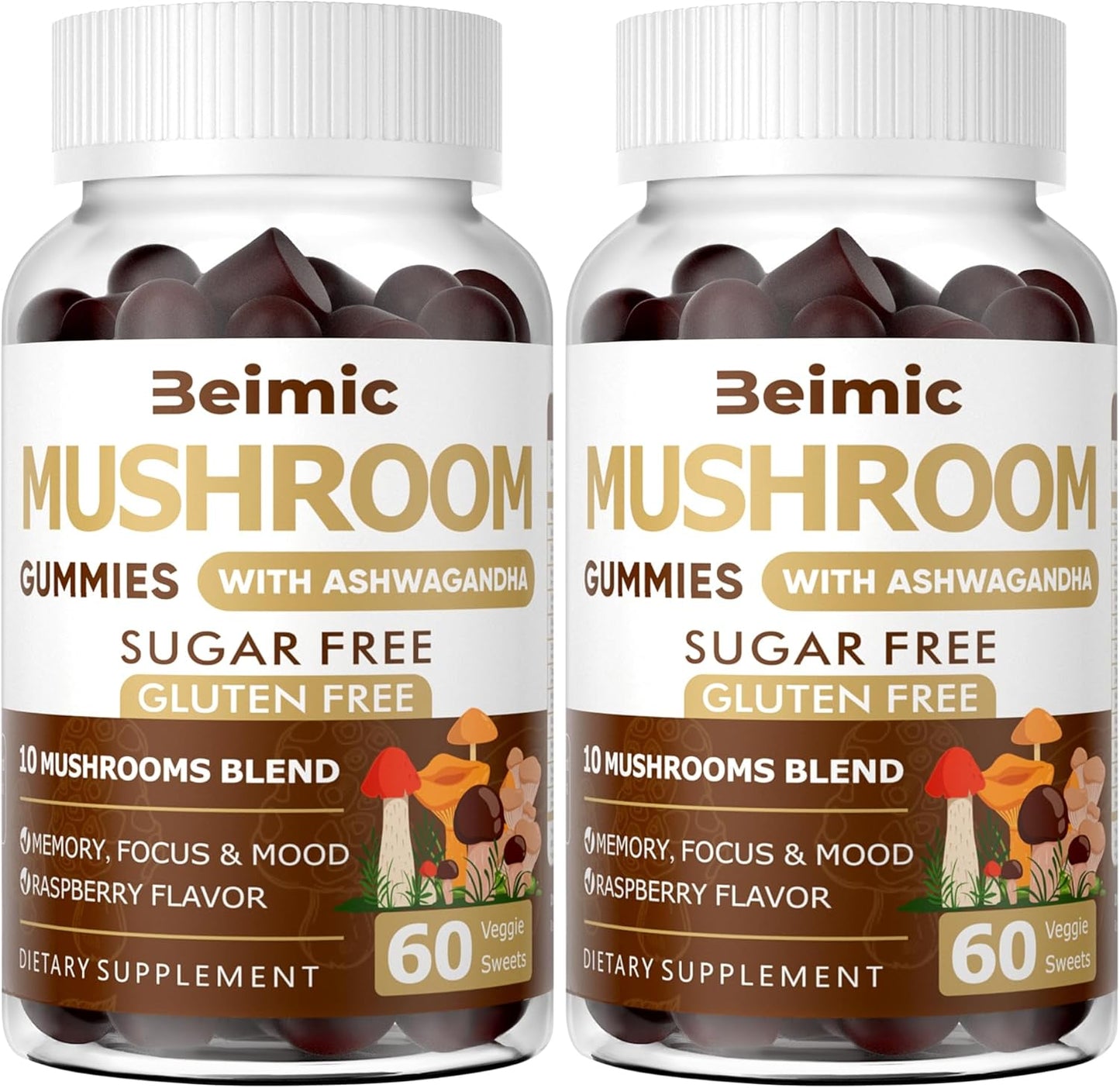 BEIMIC Mushroom Gummies - Nootropic Brain Supplement with 10x Mushrooms, Ashwagandha, Lions Mane, Immune Support & Stress Relief - 240 Chews