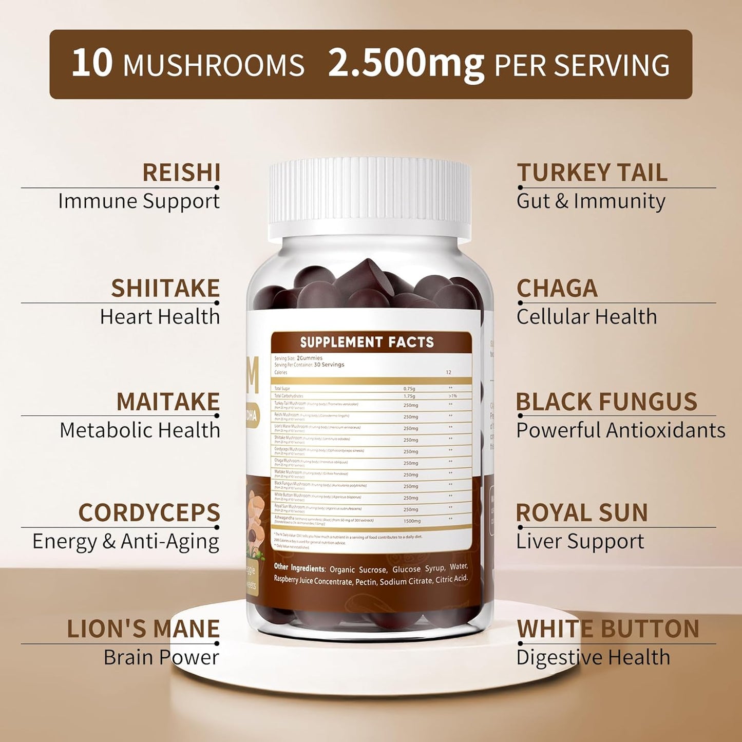 BEIMIC Mushroom Gummies - Nootropic Brain Supplement with 10x Mushrooms, Ashwagandha, Lions Mane, Immune Support & Stress Relief - 240 Chews