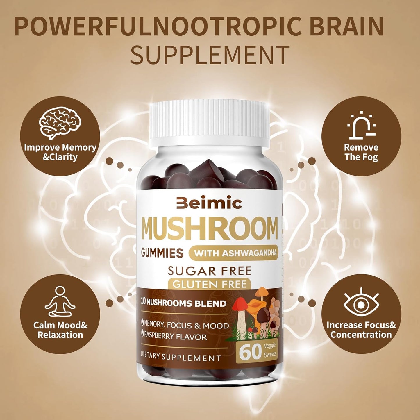 BEIMIC Mushroom Gummies - Nootropic Brain Supplement with 10x Mushrooms, Ashwagandha, Lions Mane, Immune Support & Stress Relief - 240 Chews