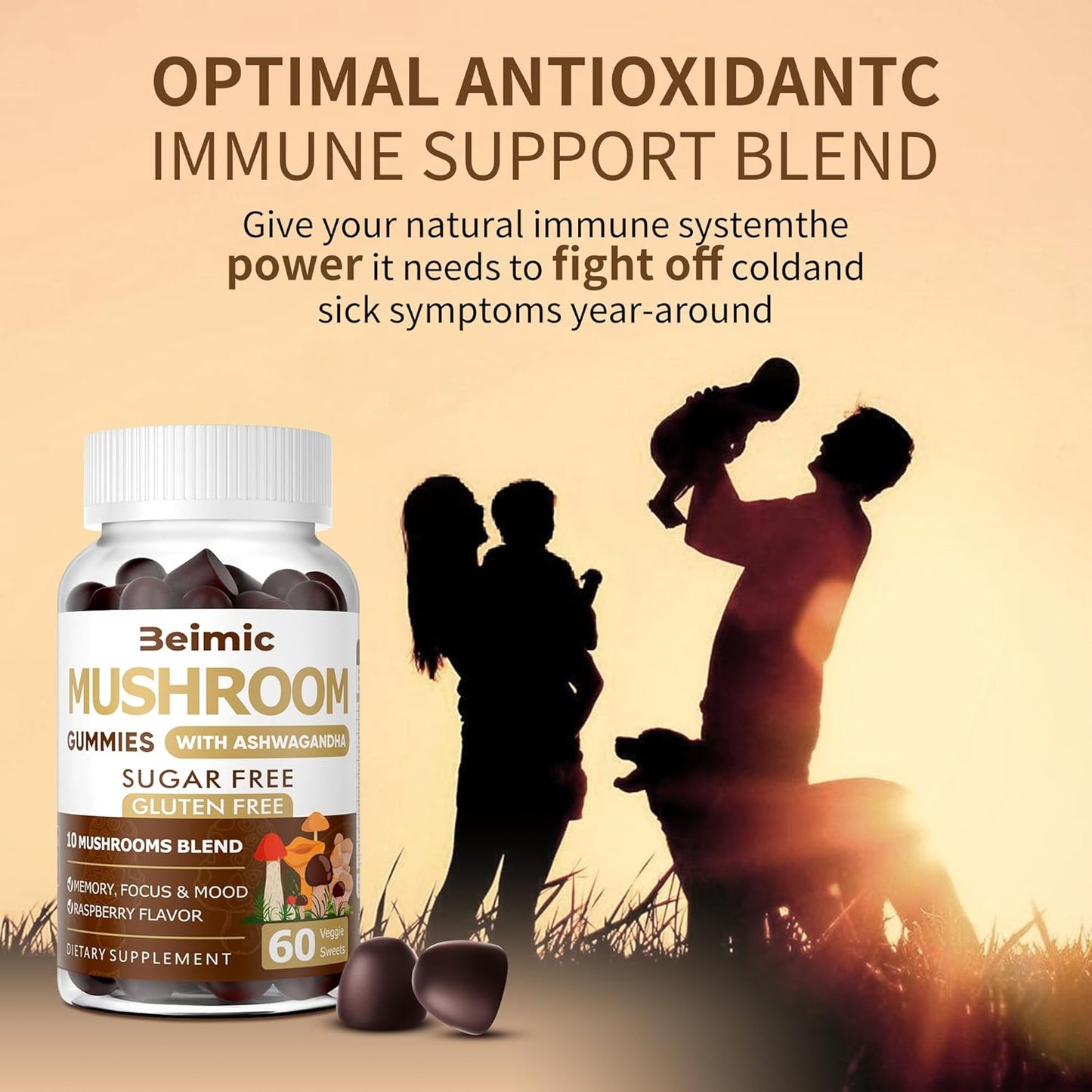 BEIMIC Mushroom Gummies - Nootropic Brain Supplement with 10x Mushrooms, Ashwagandha, Lions Mane, Immune Support & Stress Relief - 240 Chews