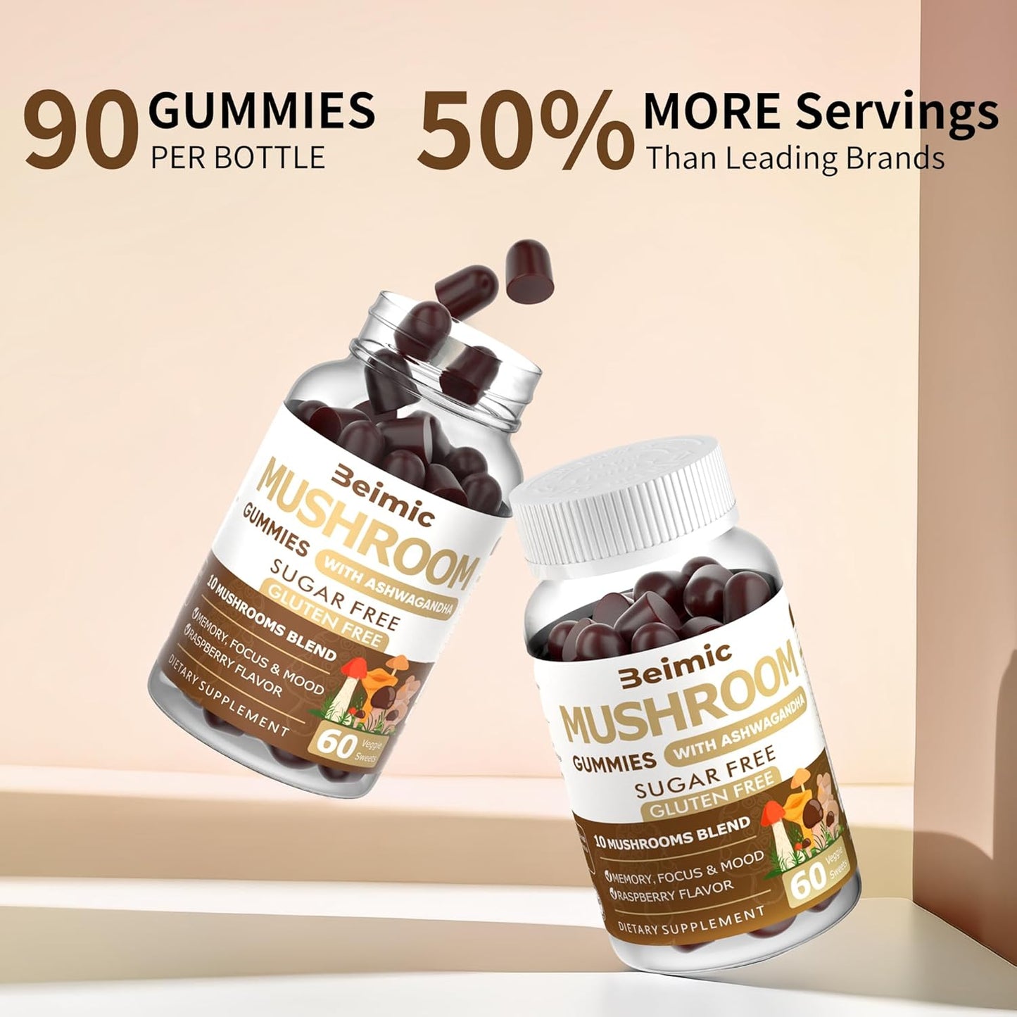 BEIMIC Mushroom Gummies - Nootropic Brain Supplement with 10x Mushrooms, Ashwagandha, Lions Mane, Immune Support & Stress Relief - 240 Chews