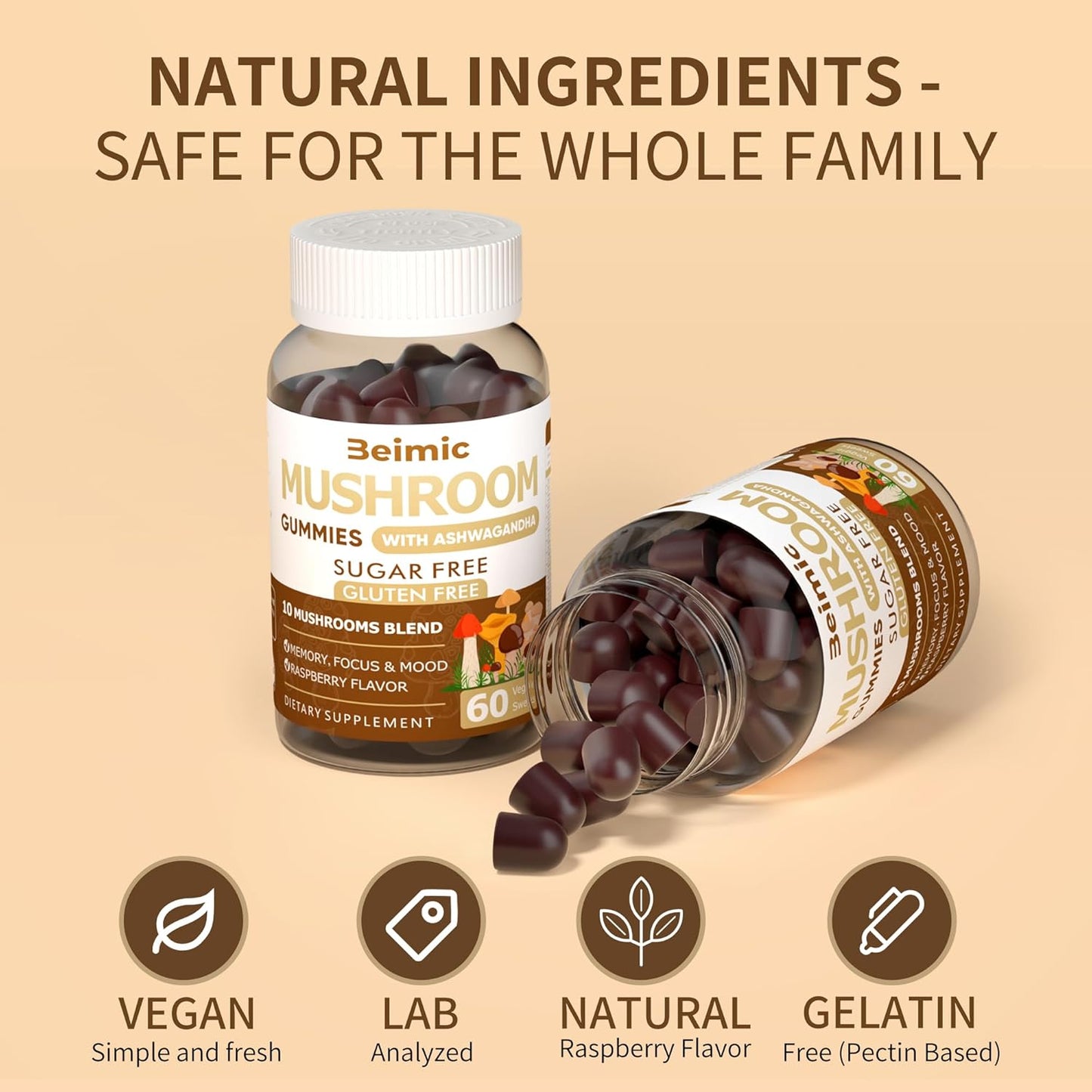 BEIMIC Mushroom Gummies - Nootropic Brain Supplement with 10x Mushrooms, Ashwagandha, Lions Mane, Immune Support & Stress Relief - 240 Chews