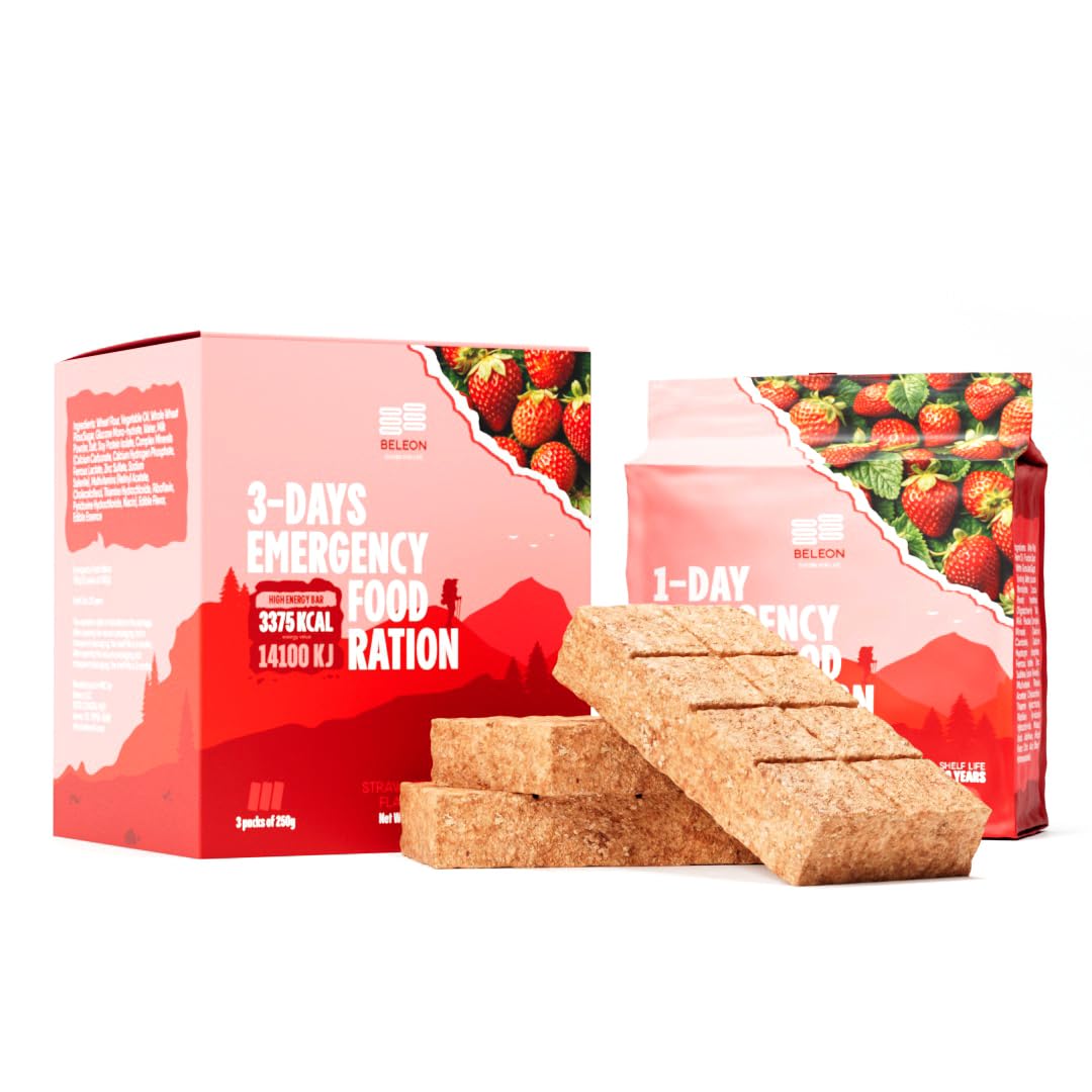 Beleon Goods For Life 72-Hour Emergency Food Supply Strawberry Biscuit Bars - MRE Meals Military 2024 Survival Kit with 20-Year Shelf Life for Camping & Hiking