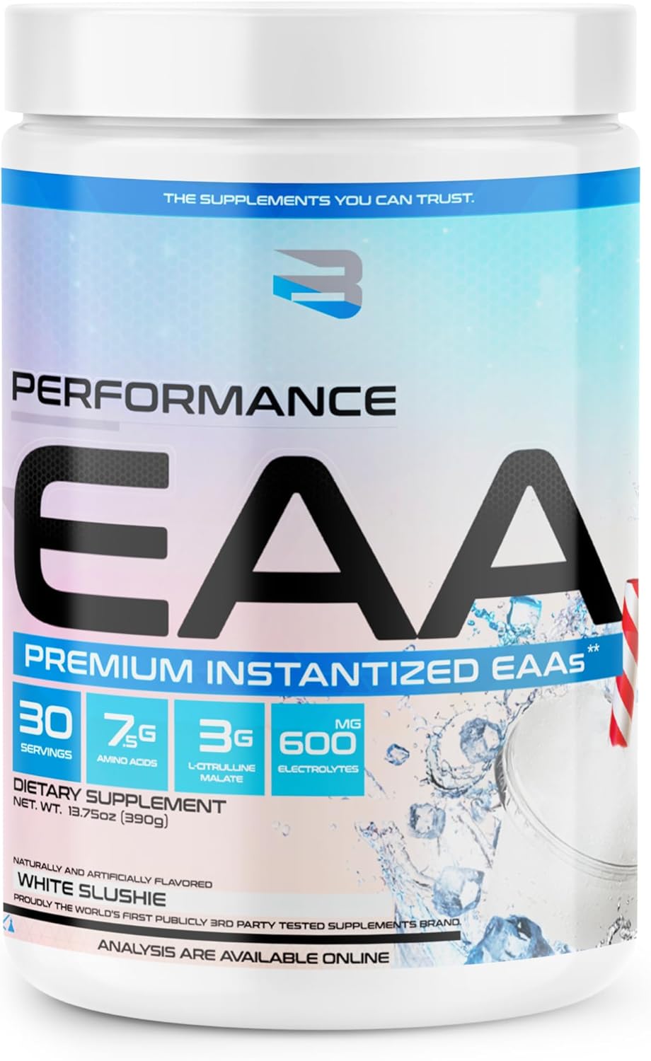 Believe Supplements Performance EAA Formula - Enhance Muscle Recovery & Hydration | Sugar-Free & Delicious Flavors | White Slushie (30 Servings)