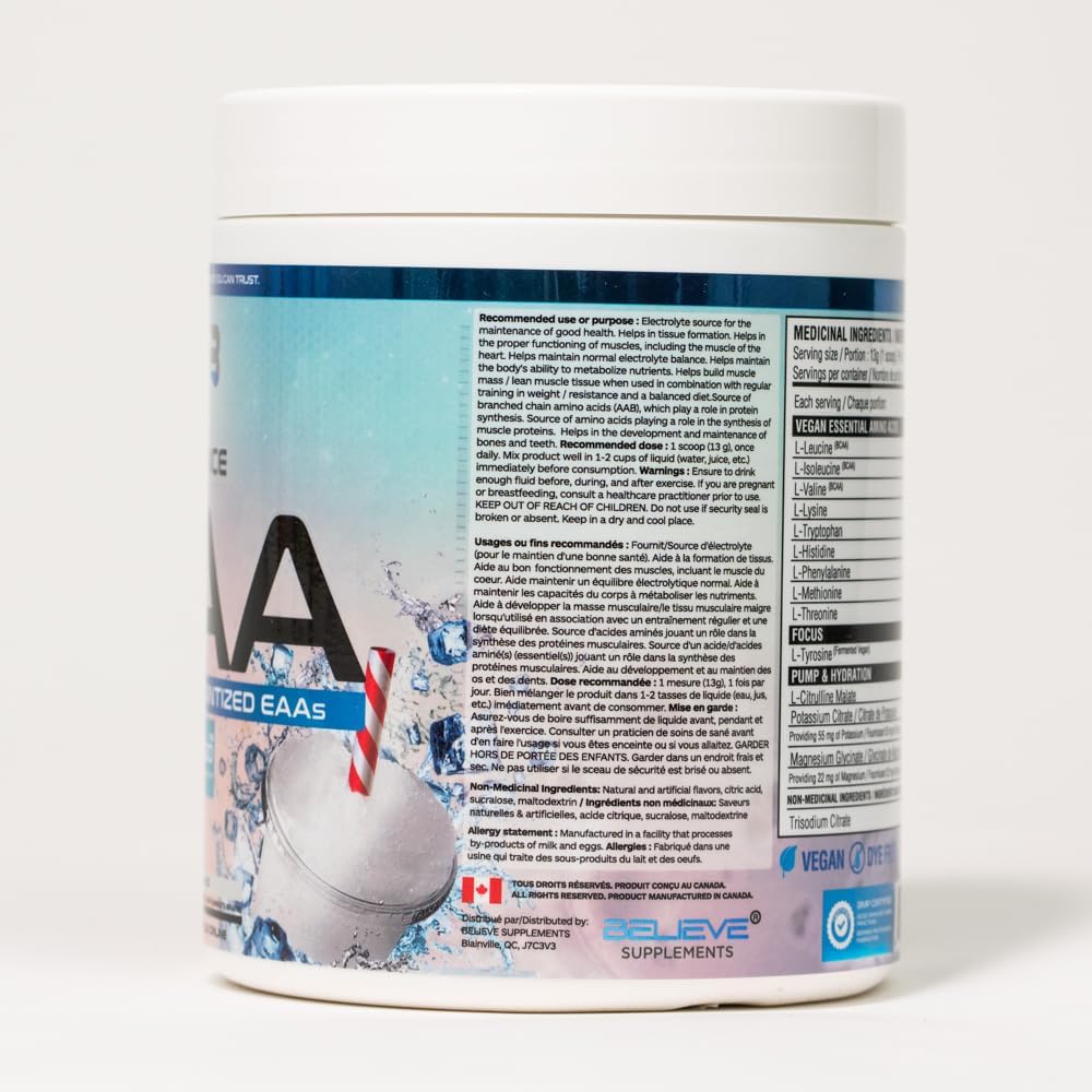Believe Supplements Performance EAA Formula - Enhance Muscle Recovery & Hydration | Sugar-Free & Delicious Flavors | White Slushie (30 Servings)
