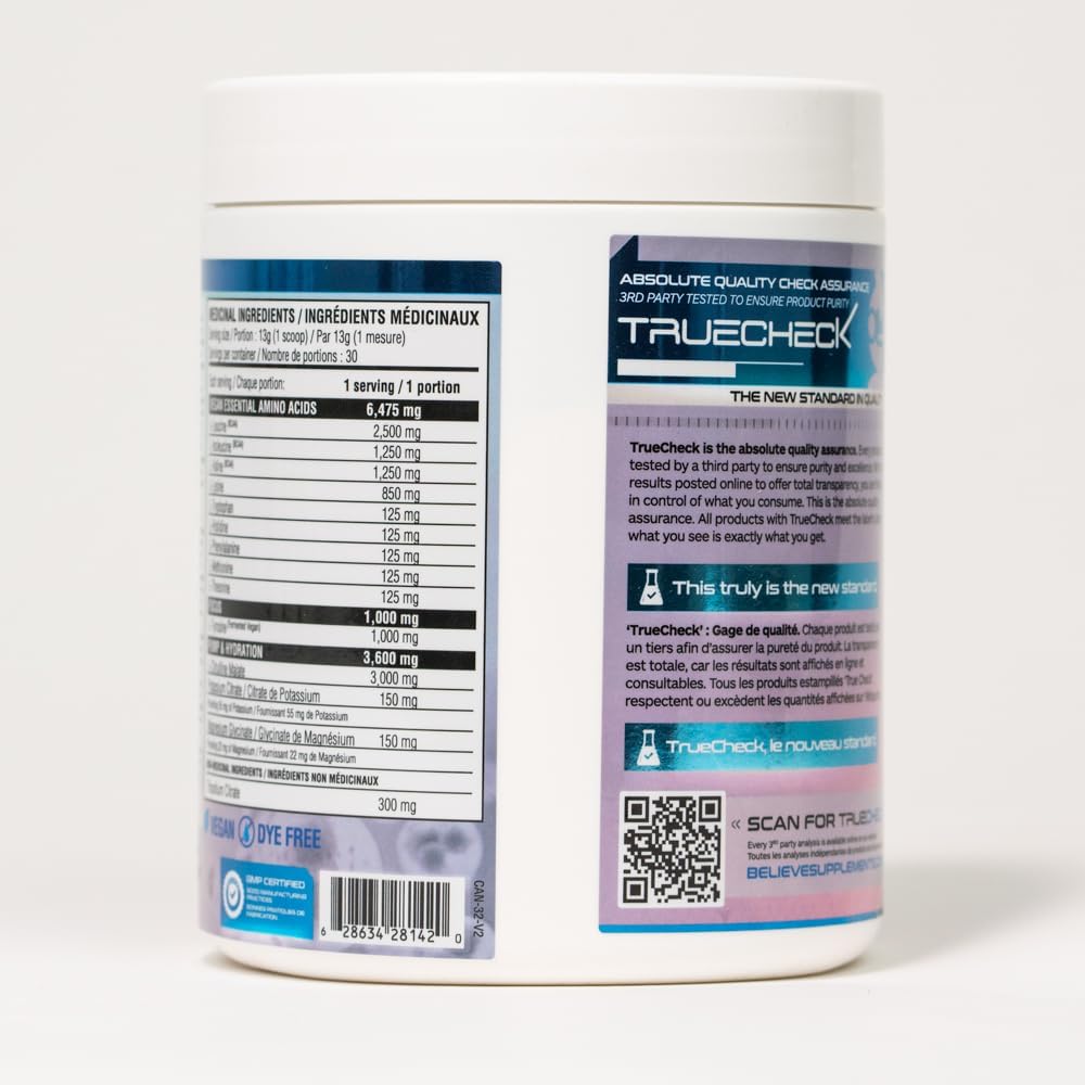 Believe Supplements Performance EAA Formula - Enhance Muscle Recovery & Hydration | Sugar-Free & Delicious Flavors | White Slushie (30 Servings)