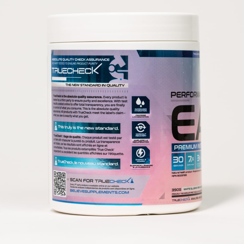 Believe Supplements Performance EAA Formula - Enhance Muscle Recovery & Hydration | Sugar-Free & Delicious Flavors | White Slushie (30 Servings)