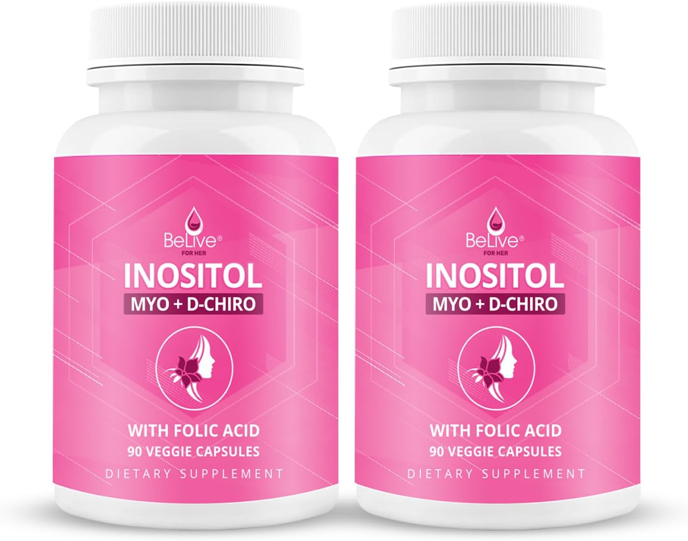 BeLive Myo-Inositol & D-Chiro Inositol Capsules - 90 Count Inositol Supplement for Women with Folic Acid - 40:1 Ratio - 2 Pack