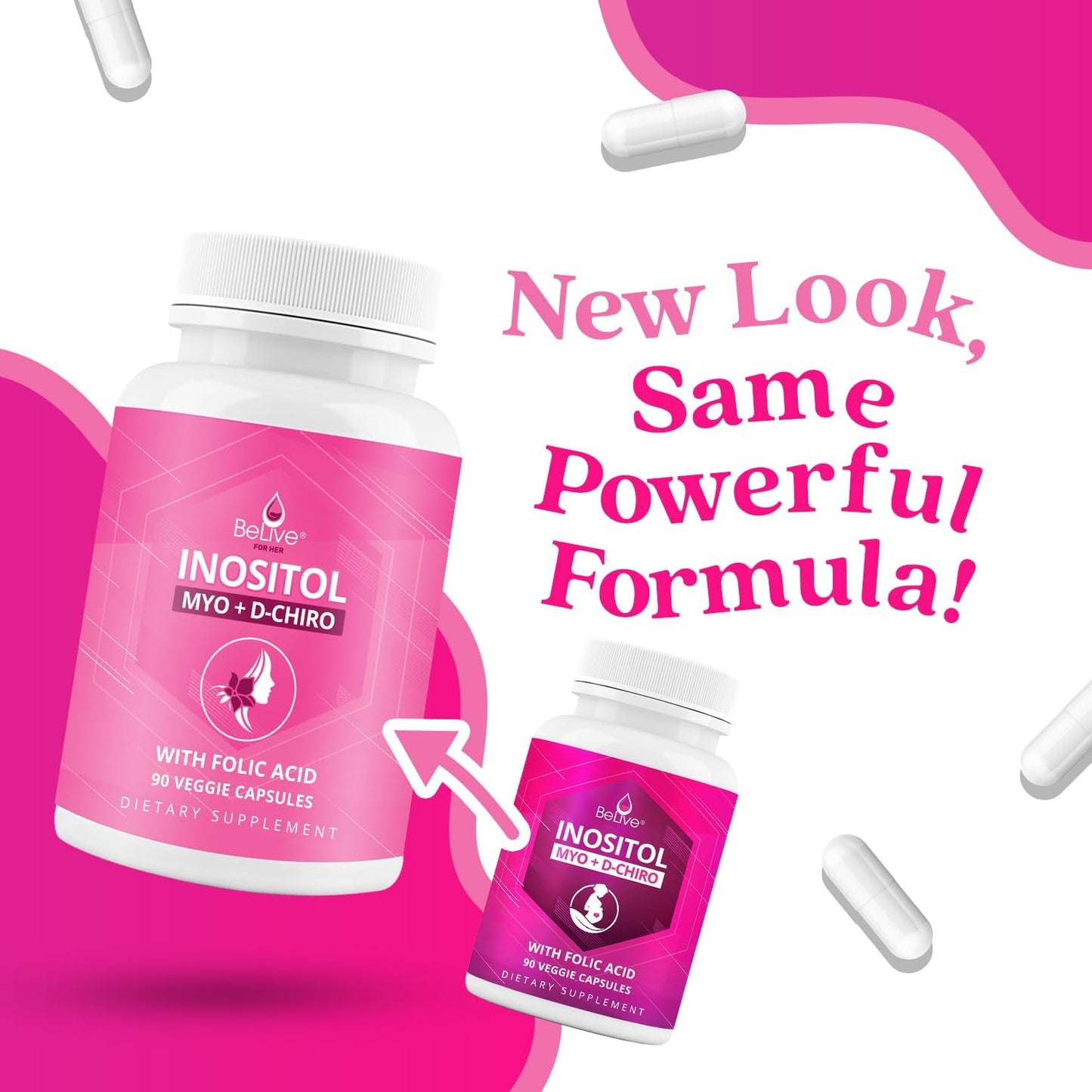 BeLive Myo-Inositol & D-Chiro Inositol Capsules - 90 Count Inositol Supplement for Women with Folic Acid - 40:1 Ratio - 2 Pack