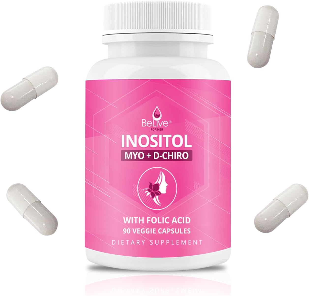 BeLive Myo-Inositol & D-Chiro Inositol Capsules - 90 Count Inositol Supplement for Women with Folic Acid - 40:1 Ratio - 2 Pack