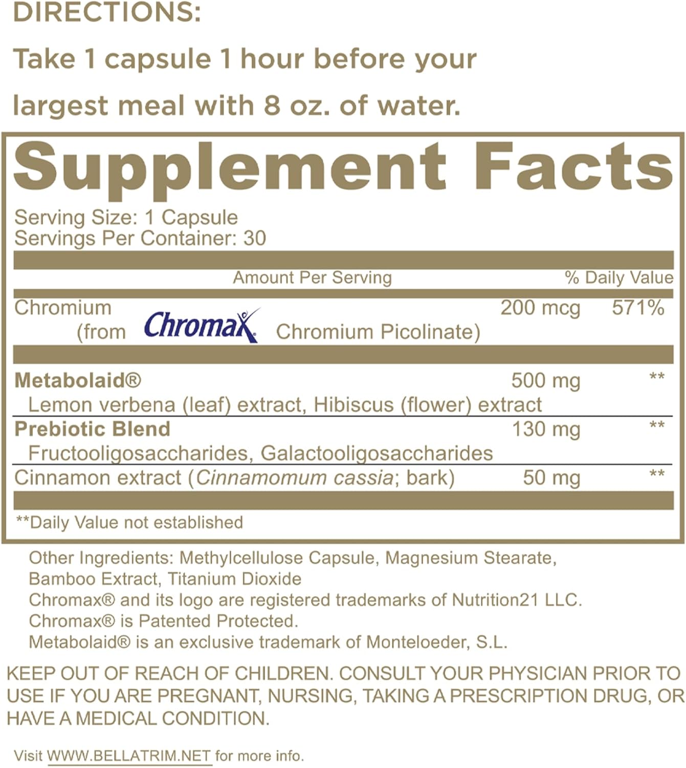 Bella Grace BellaTrim Weight Support Supplement with Cinnamon Extract - Plant Based Diet Aid for Women - 30 Capsules