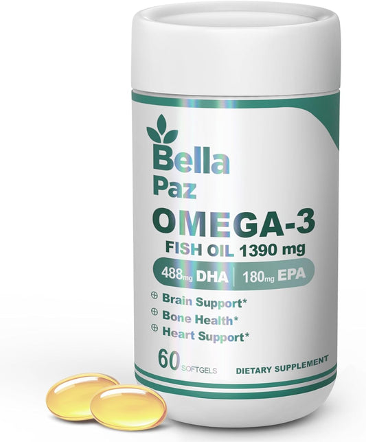 BELLAPAZ Omega-3 Fish Oil Supplements for Heart, Brain, and Muscle Health - 788mg DHA & EPA, Burpless Softgels for Men and Women, 60 Count