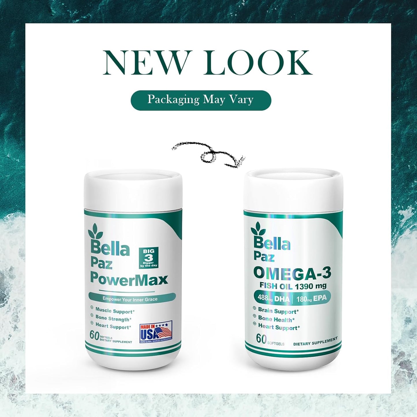 BELLAPAZ Omega-3 Fish Oil Supplements for Heart, Brain, and Muscle Health - 788mg DHA & EPA, Burpless Softgels for Men and Women, 60 Count