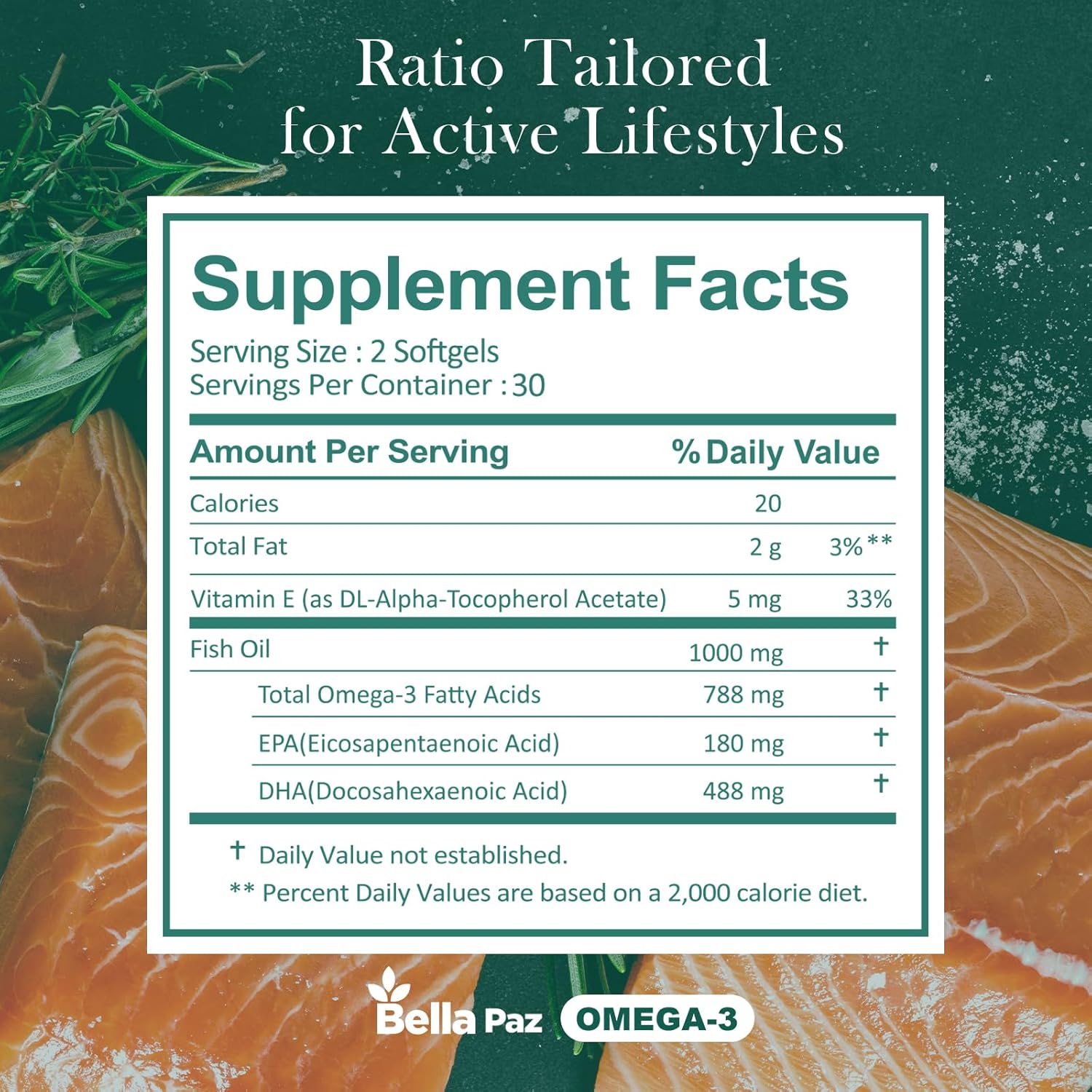 BELLAPAZ Omega-3 Fish Oil Supplements for Heart, Brain, and Muscle Health - 788mg DHA & EPA, Burpless Softgels for Men and Women, 60 Count