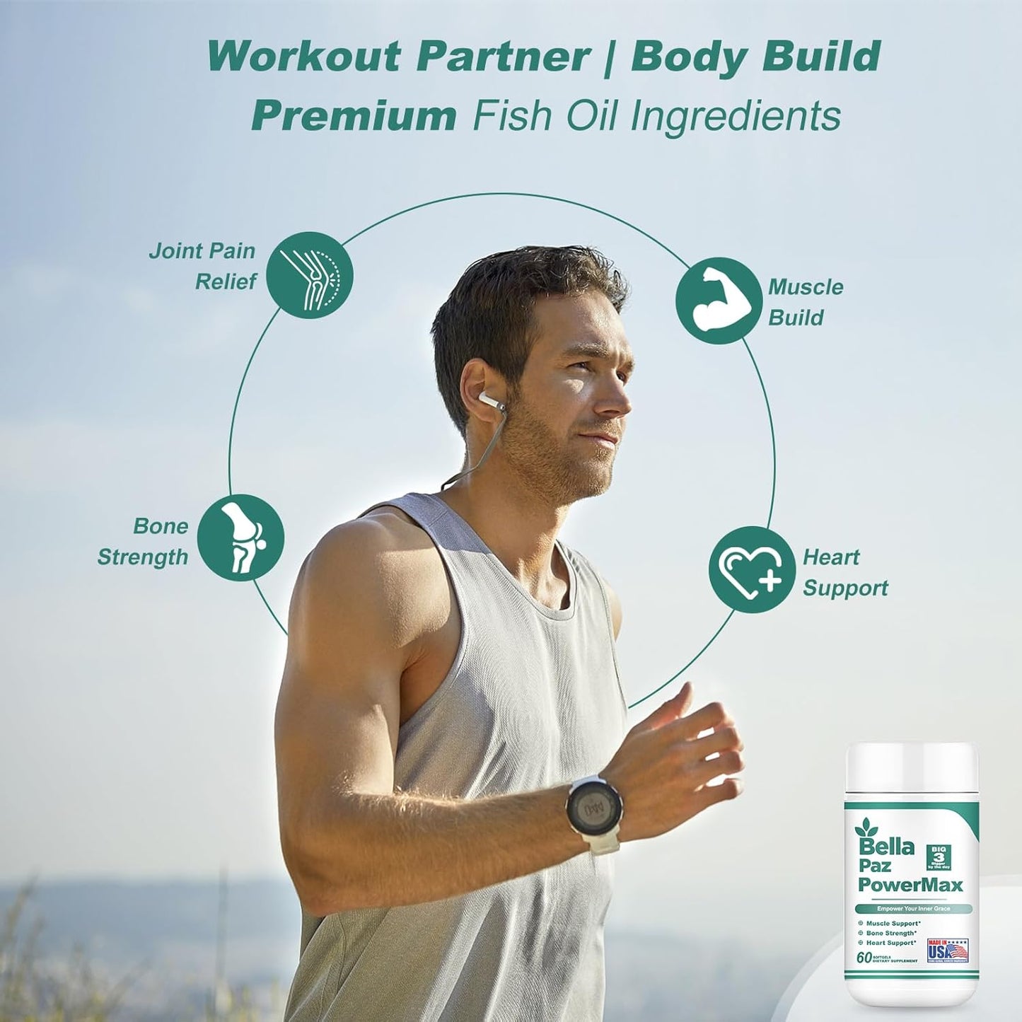 BELLAPAZ Omega-3 Fish Oil Supplements for Heart, Brain, and Muscle Health - 788mg DHA & EPA, Burpless Softgels for Men and Women, 60 Count