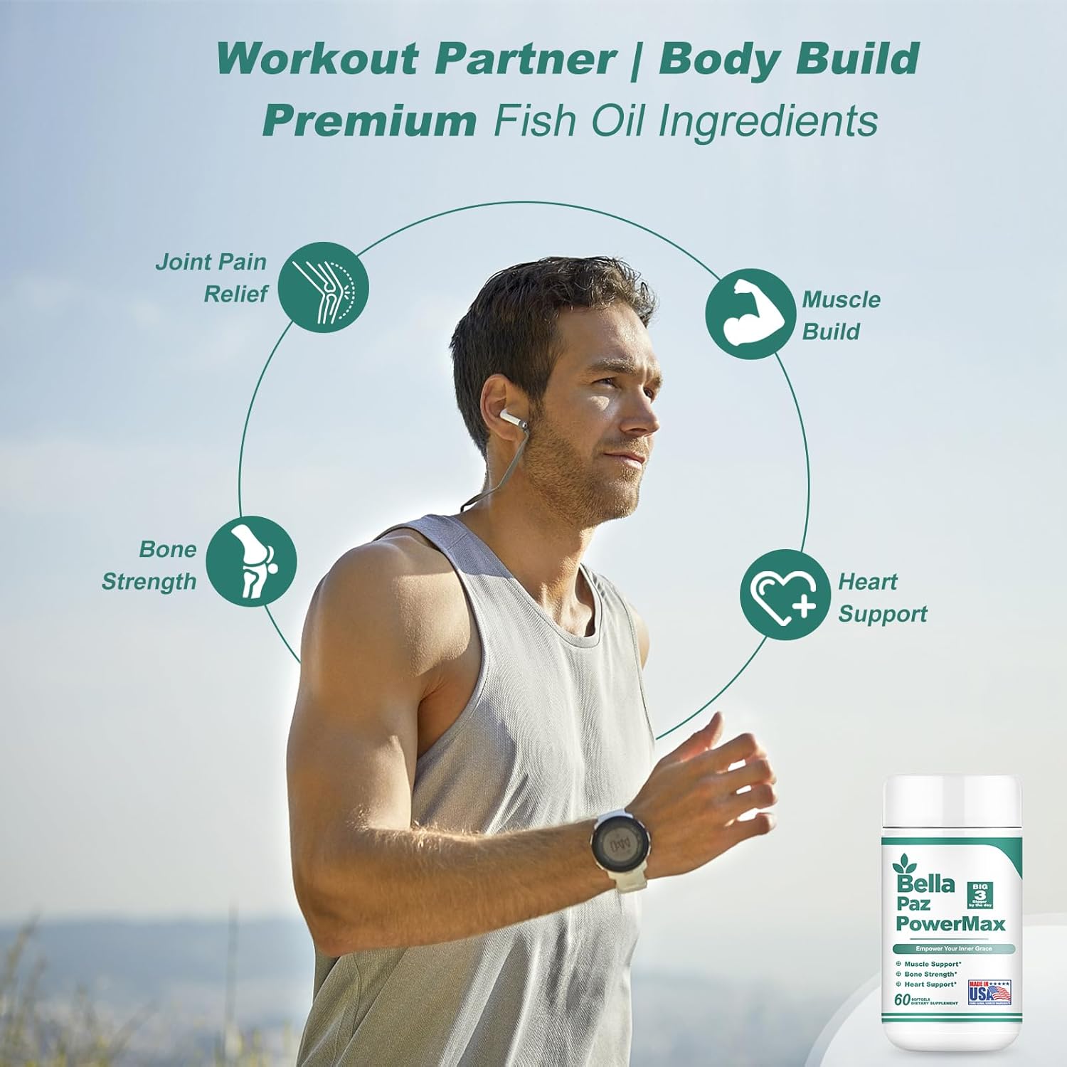 BELLAPAZ Omega-3 Fish Oil Supplements for Heart, Brain, and Muscle Health - 788mg DHA & EPA, Burpless Softgels for Men and Women, 60 Count