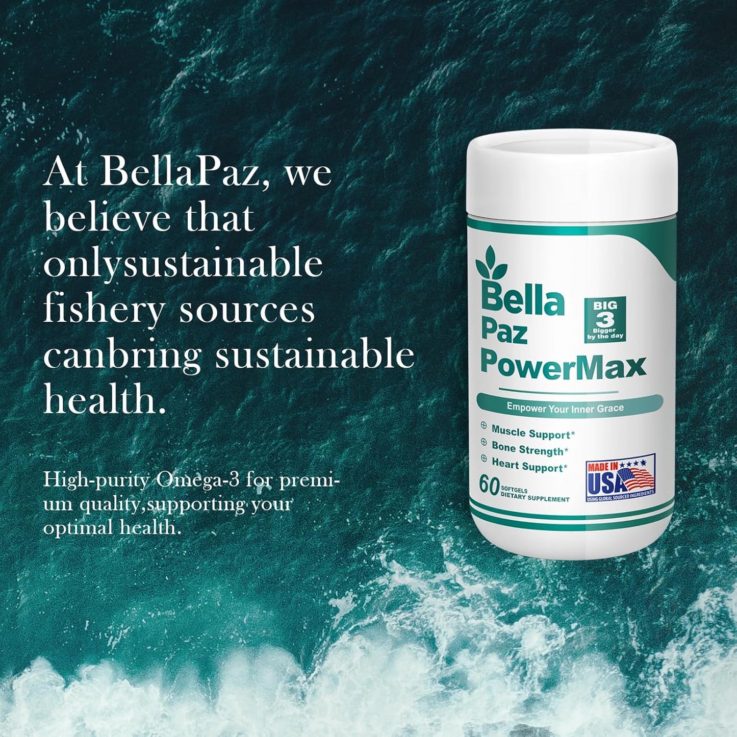 BELLAPAZ Omega-3 Fish Oil Supplements for Heart, Brain, and Muscle Health - 788mg DHA & EPA, Burpless Softgels for Men and Women, 60 Count