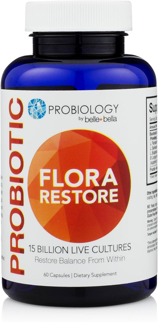 Belle + Bella Flora Restore Probiotic Capsules - 15 Billion Live Cultures, Digestive & Gut Health, Immune Support, Regularity, Vegan & Gluten Free - 60 Count