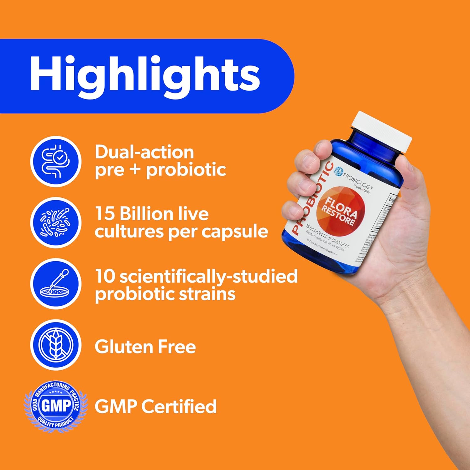 Belle + Bella Flora Restore Probiotic Capsules - 15 Billion Live Cultures, Digestive & Gut Health, Immune Support, Regularity, Vegan & Gluten Free - 60 Count