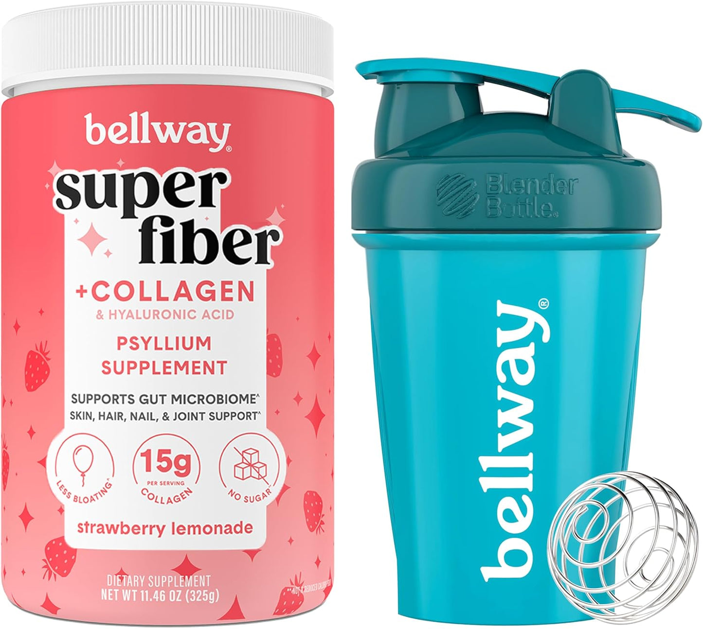 Bellway Super Fiber Powder and Collagen Bundle with Strawberry Lemonade Shaker Bottle