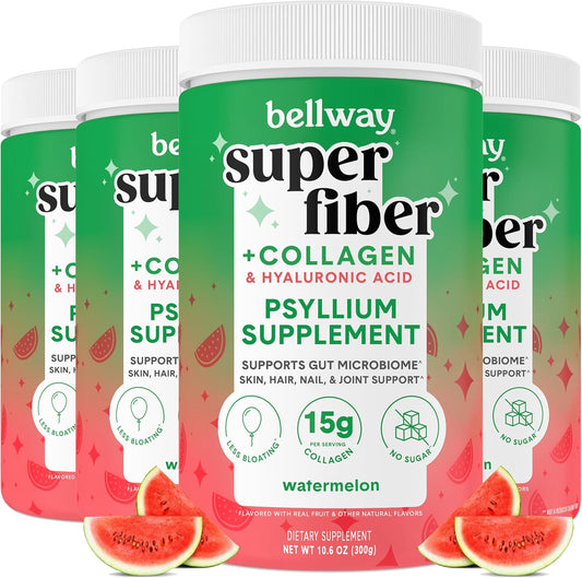 Bellway Super Fiber Powder + Collagen (4 Pack) - Sugar-Free Psyllium Husk Powder with Collagen Peptides and Hyaluronic Acid - Watermelon Flavor for Gut Health, Skin, Nails, Bones, and Joints - 42.4 oz