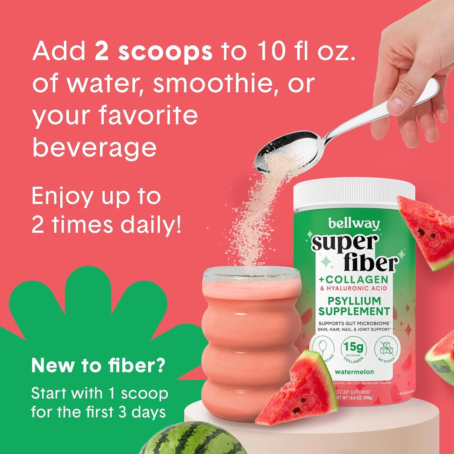 Bellway Super Fiber Powder + Collagen (4 Pack) - Sugar-Free Psyllium Husk Powder with Collagen Peptides and Hyaluronic Acid - Watermelon Flavor for Gut Health, Skin, Nails, Bones, and Joints - 42.4 oz
