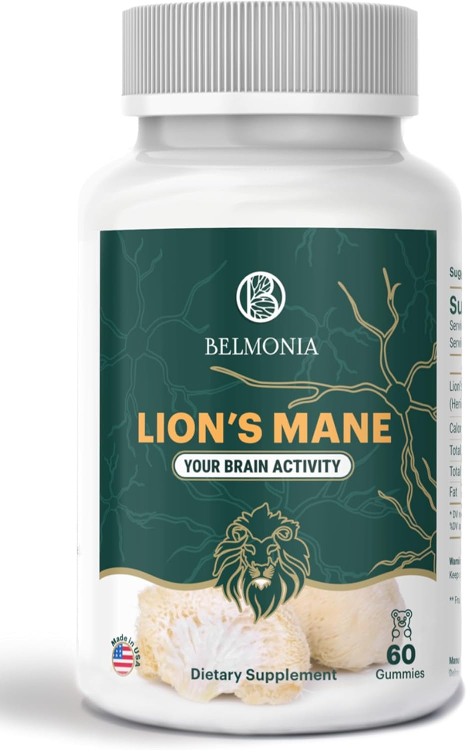 Belmonia Lion's Mane Mushroom Gummies - 5400mg per Serving - Cognitive Focus Memory Supplement - 60 Count - Made in USA - Superfood Supplement