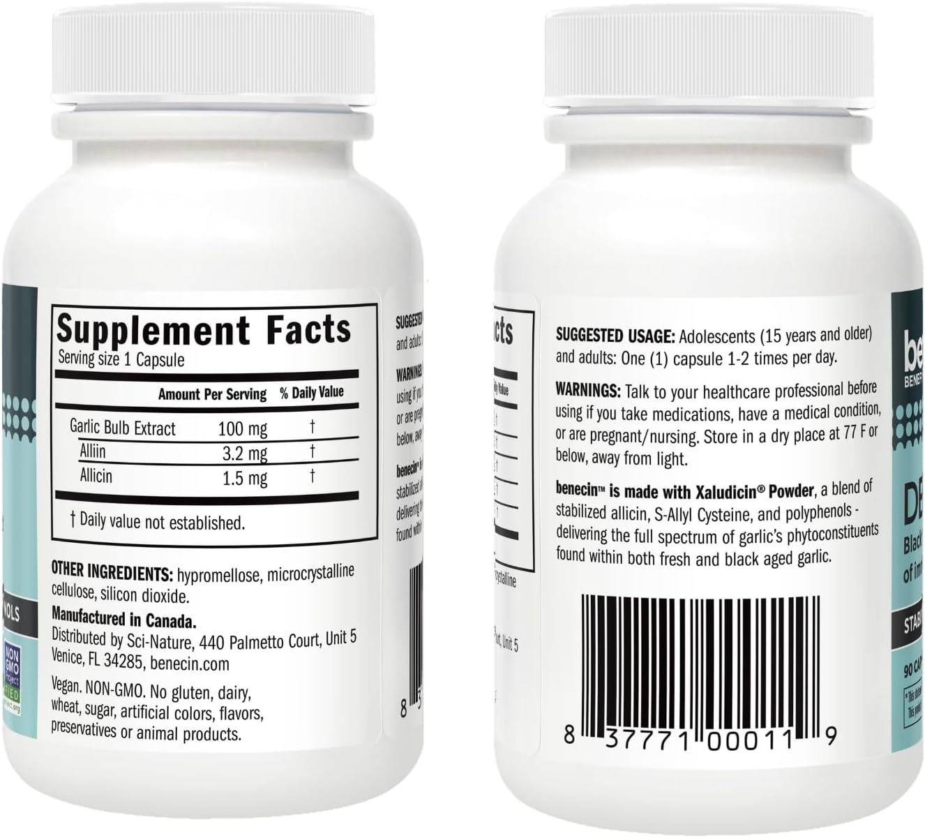 Benecin Defense 1500 mcg Stabilized Allicin Capsules with SAC & Polyphenols for Immune & Heart Support - 180 Vegetarian Caps