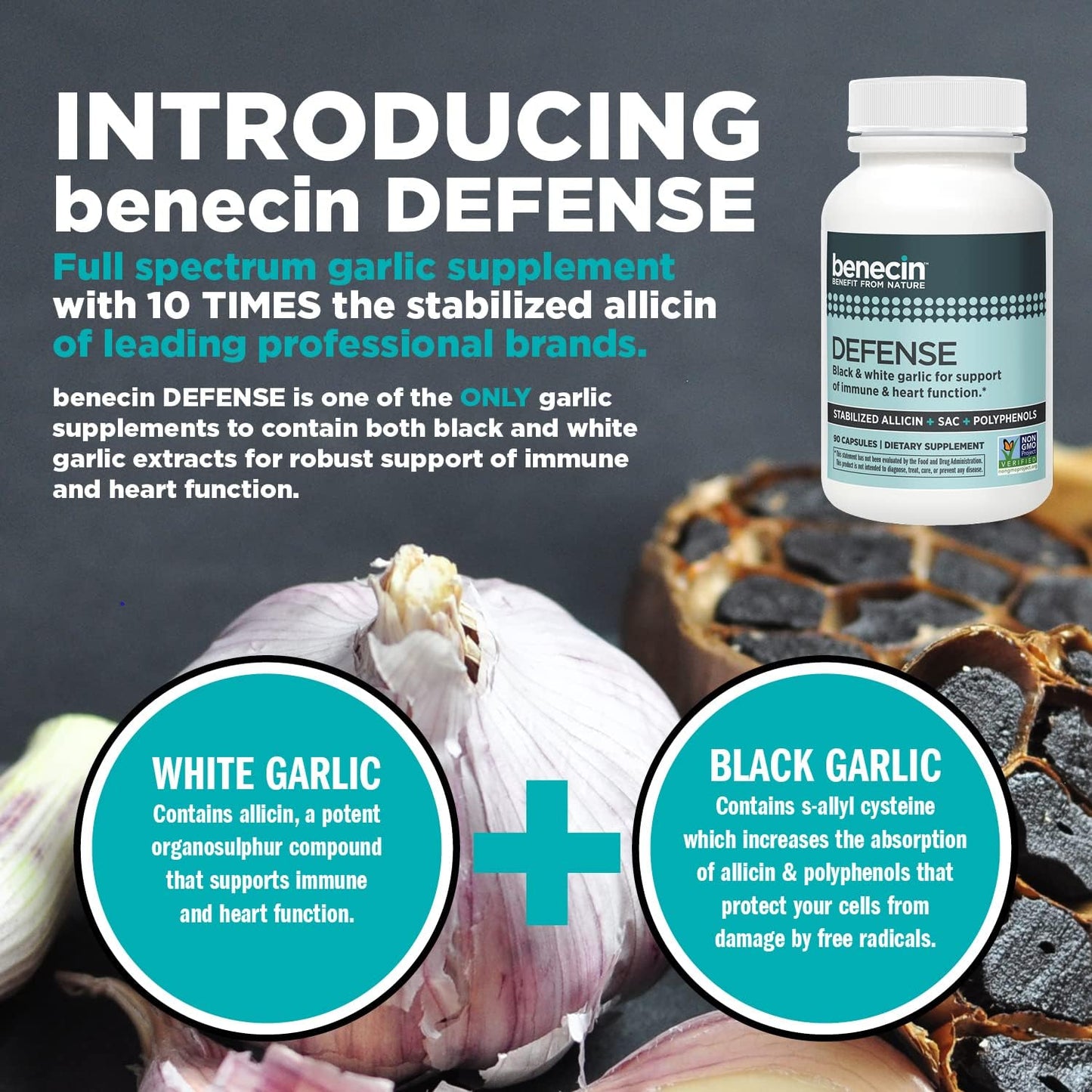 Benecin Defense 1500 mcg Stabilized Allicin Capsules with SAC & Polyphenols for Immune & Heart Support - 180 Vegetarian Caps