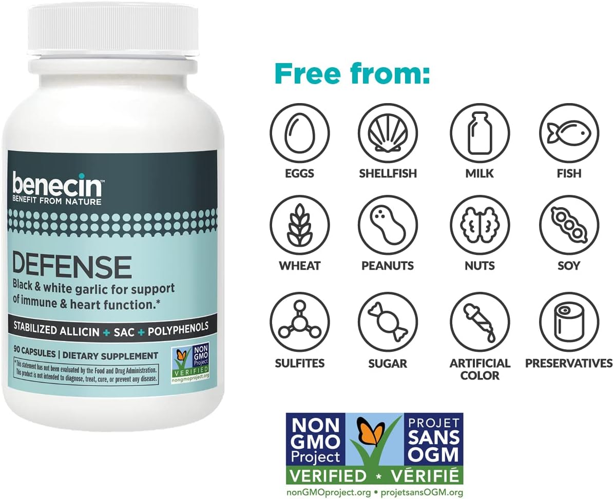 Benecin Defense 1500 mcg Stabilized Allicin Capsules with SAC & Polyphenols for Immune & Heart Support - 180 Vegetarian Caps