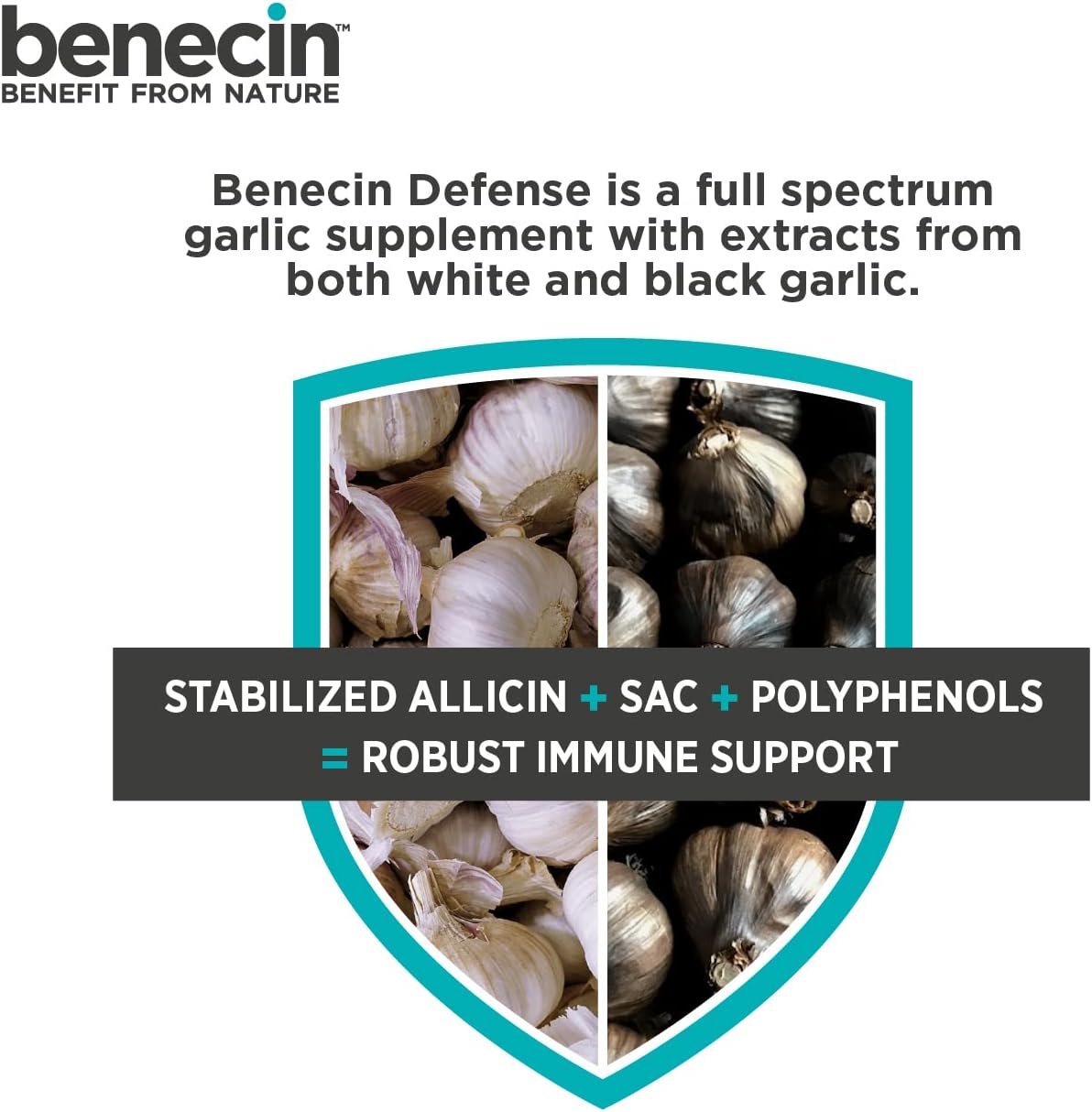 Benecin Defense 1500 mcg Stabilized Allicin Capsules with SAC & Polyphenols for Immune & Heart Support - 180 Vegetarian Caps