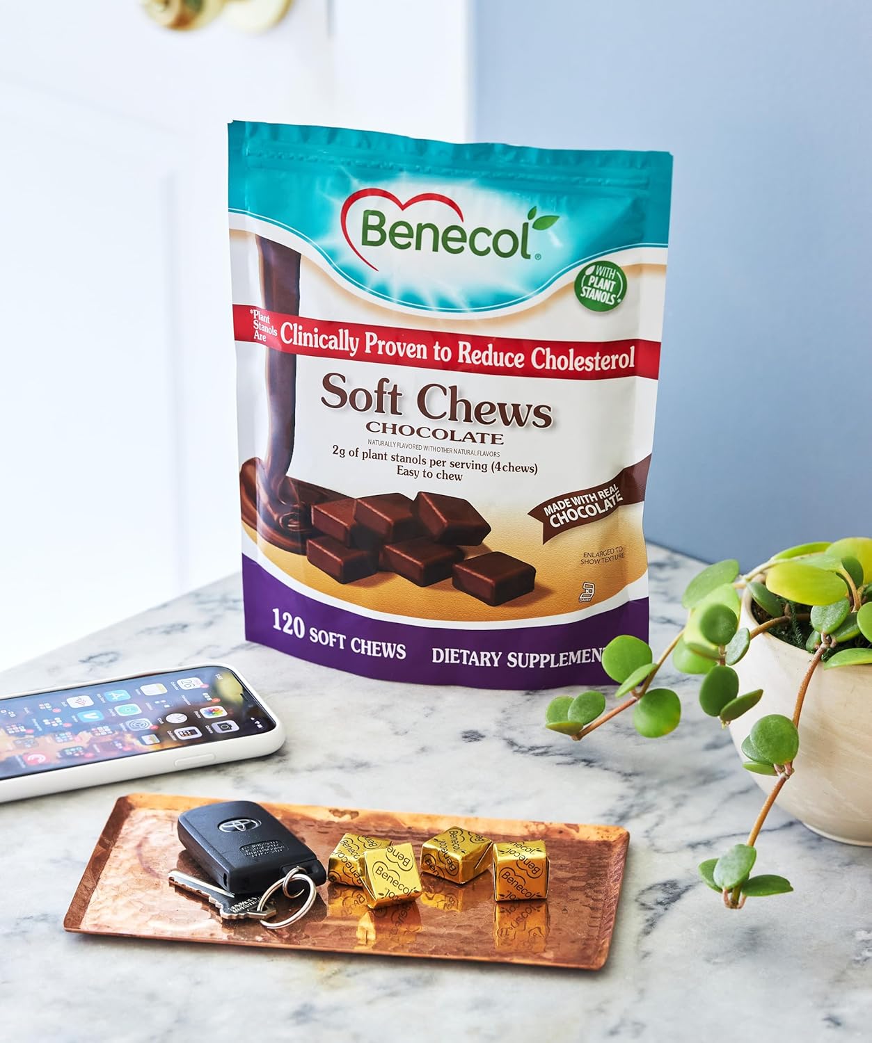Benecol® Soft Chews - Cholesterol-Lowering Plant Stanols Supplement - 120 Chocolate Chews for Cholesterol Management