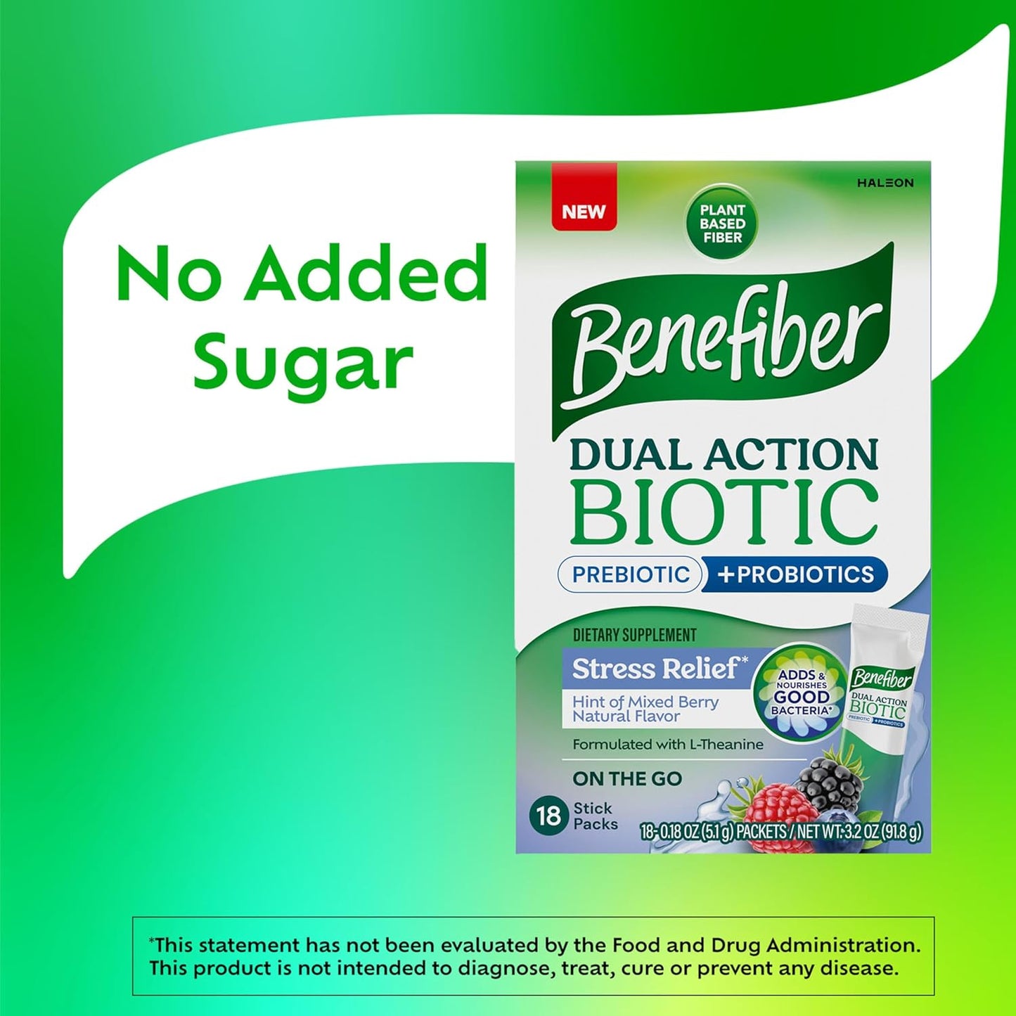 Benefiber Dual Action Biotic Stick Packs with Stress Relief - 18 Count
