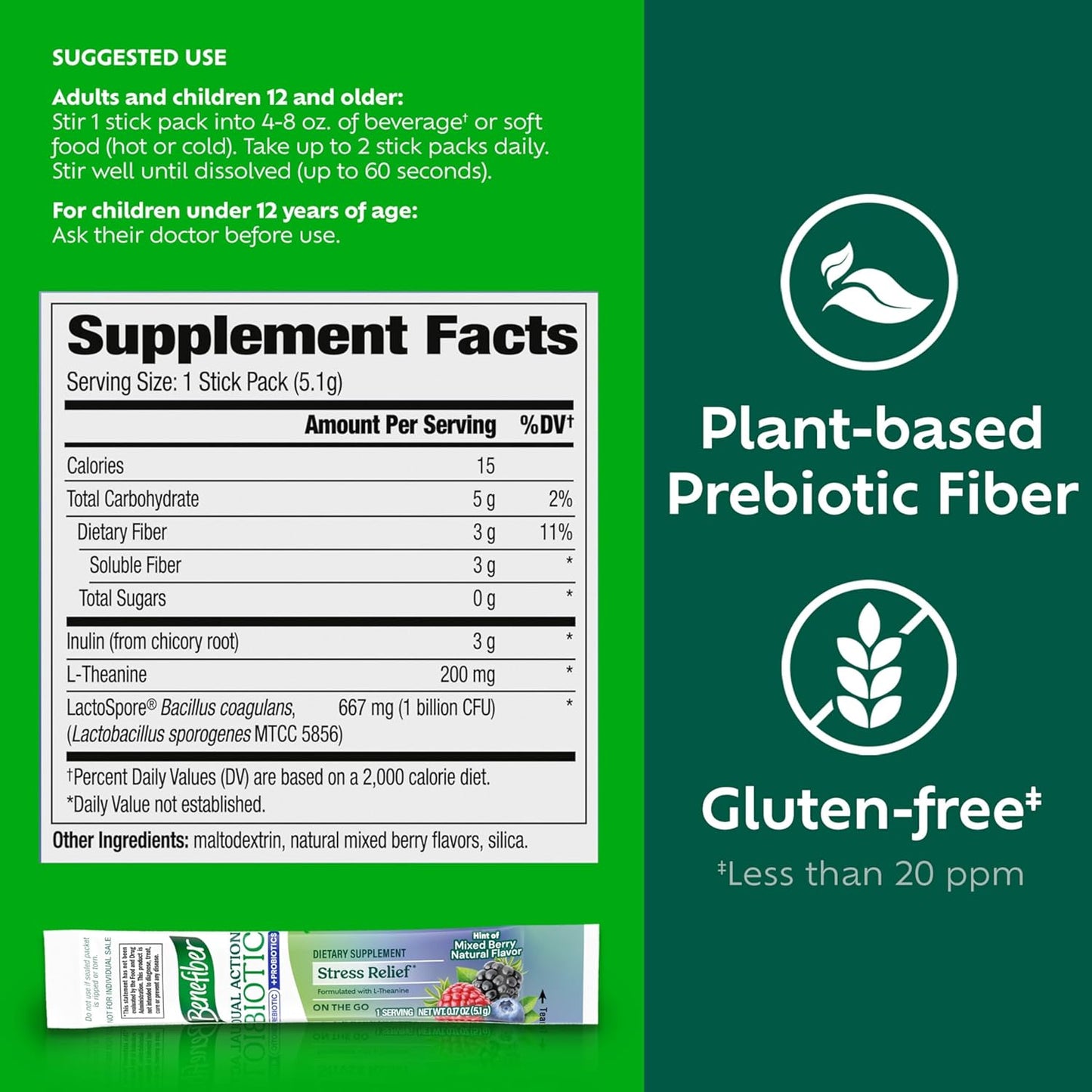 Benefiber Dual Action Biotic Stick Packs with Stress Relief - 18 Count