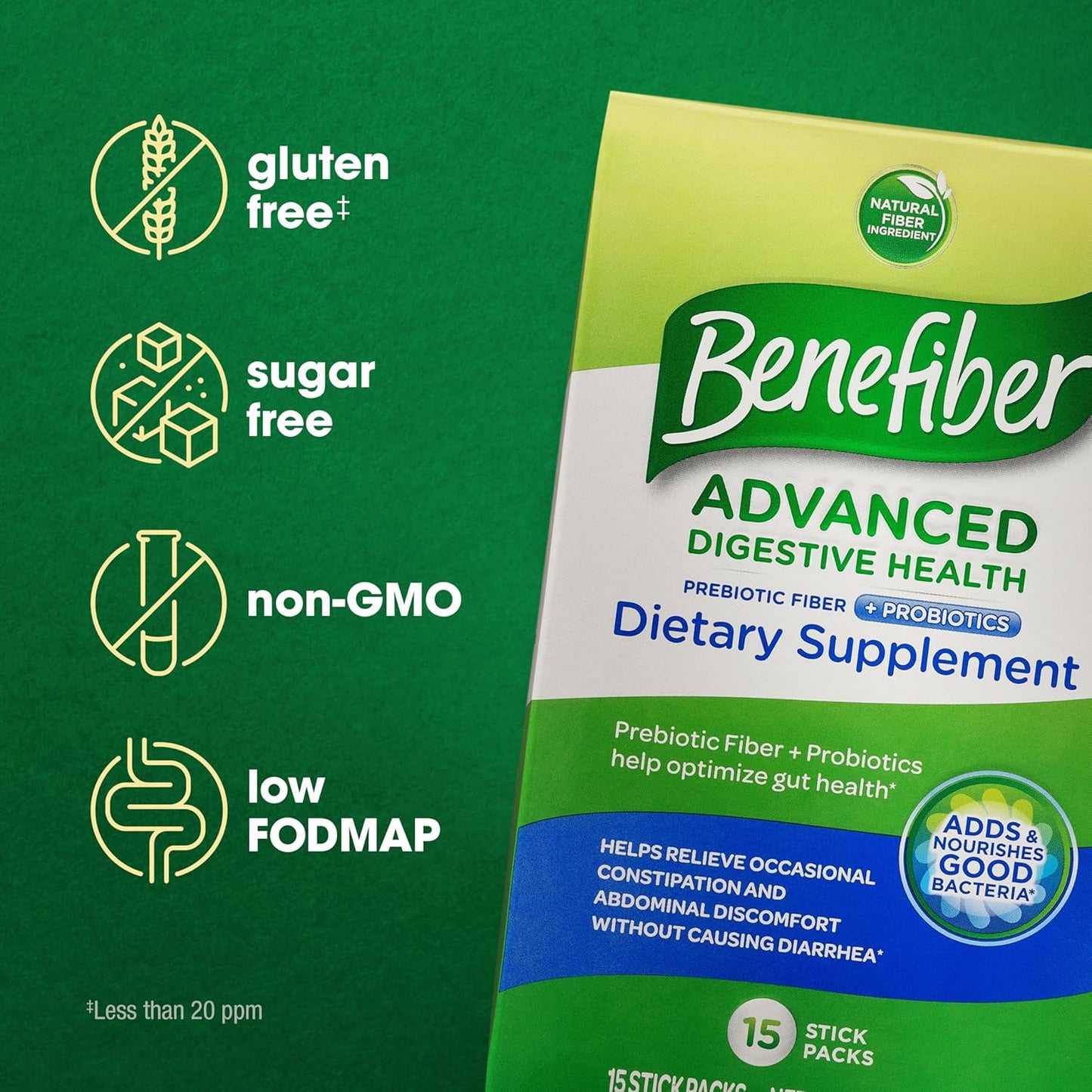 Benefiber Prebiotic Fiber Powder with Probiotics for Digestive Health - 15 Sticks, 3.0 oz - Low FODMAP Formula