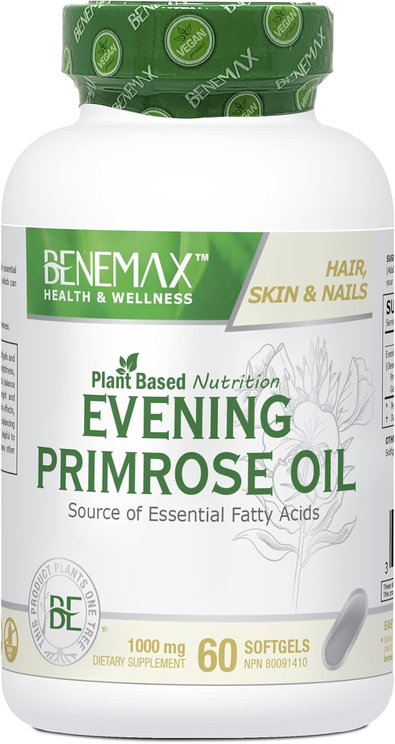 Benemax Evening Primrose Softgels for Women’s Health & Skin - 1000mg High Potency Supplement from Cold Pressed Oil, 60 Count