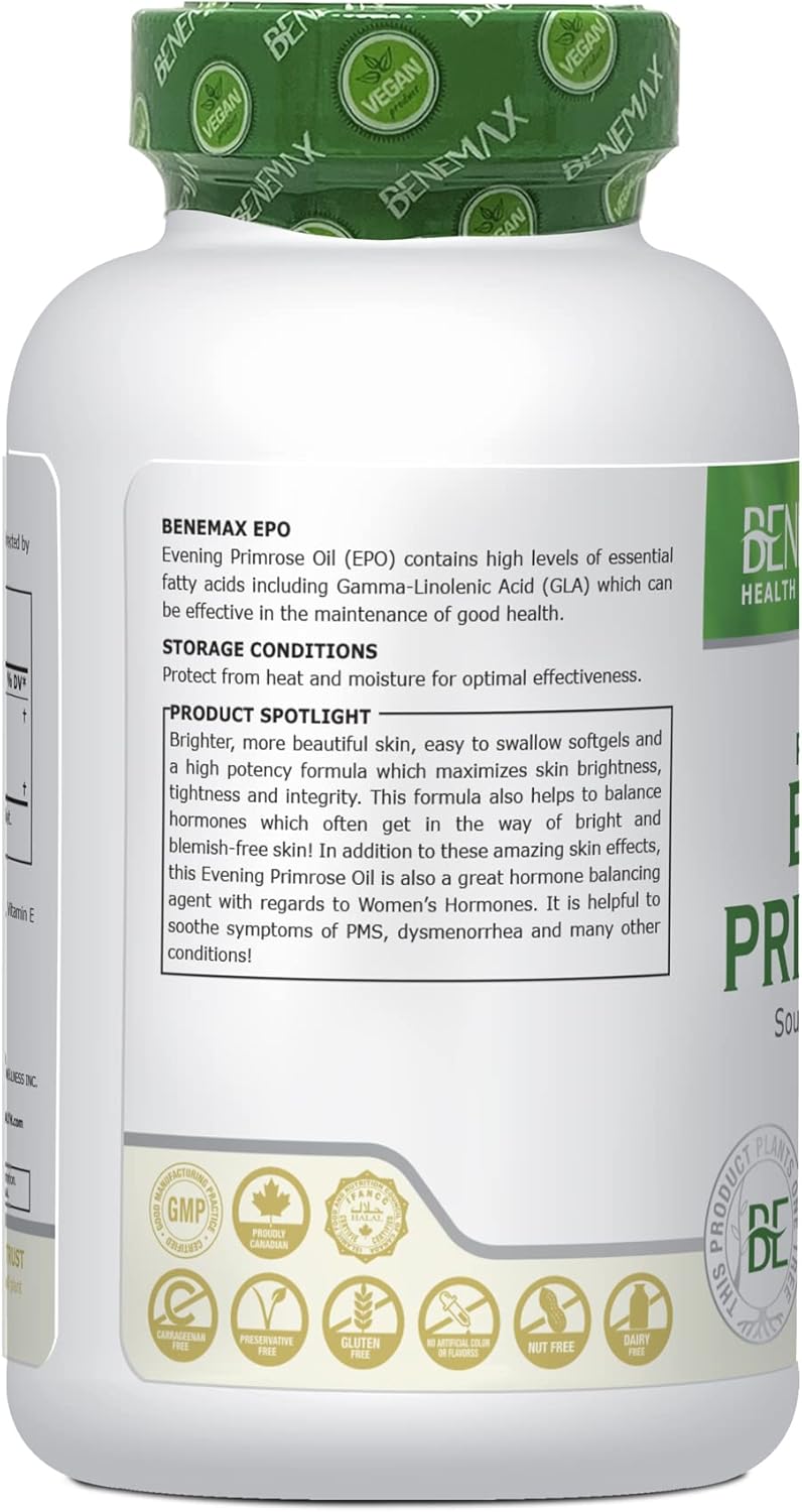 Benemax Evening Primrose Softgels for Women’s Health & Skin - 1000mg High Potency Supplement from Cold Pressed Oil, 60 Count