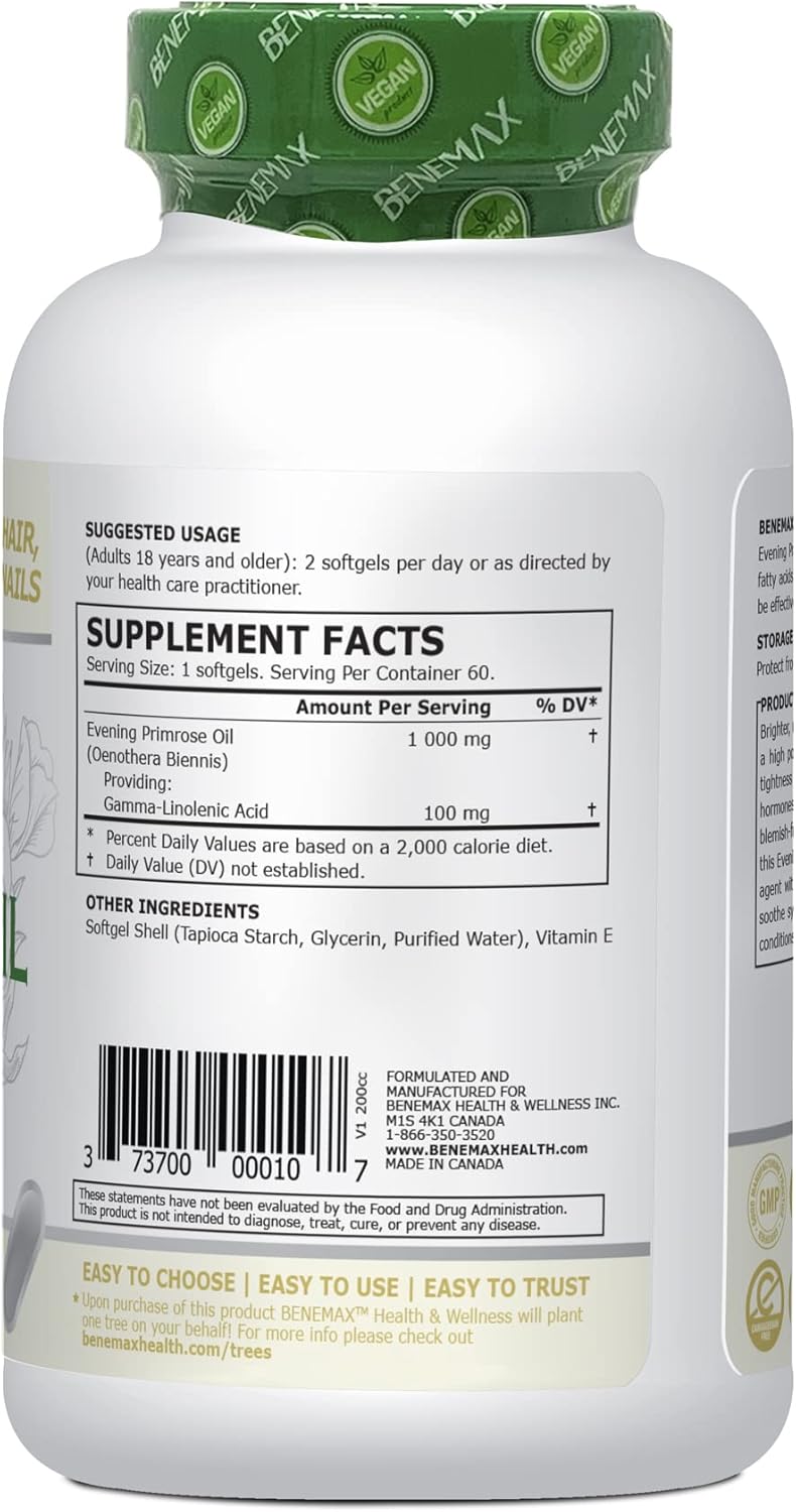 Benemax Evening Primrose Softgels for Women’s Health & Skin - 1000mg High Potency Supplement from Cold Pressed Oil, 60 Count