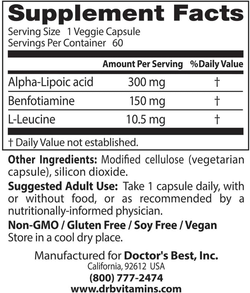 Benfotiamine 150 & Alpha-Lipoic Acid 300 Capsules - Non-GMO, Vegan, Gluten Free - Supports Healthy Blood Sugar Levels - 60 Veggie Capsules