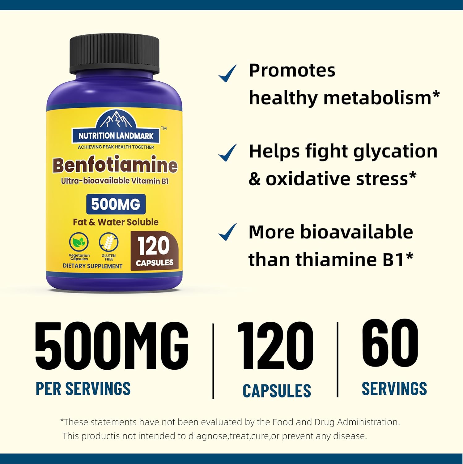 Benfotiamine 500mg Capsules - Fat-Soluble Vitamin B1 for Healthy Metabolism - High Potency, Gluten-Free, Non-GMO, Vegetarian - 120 Count