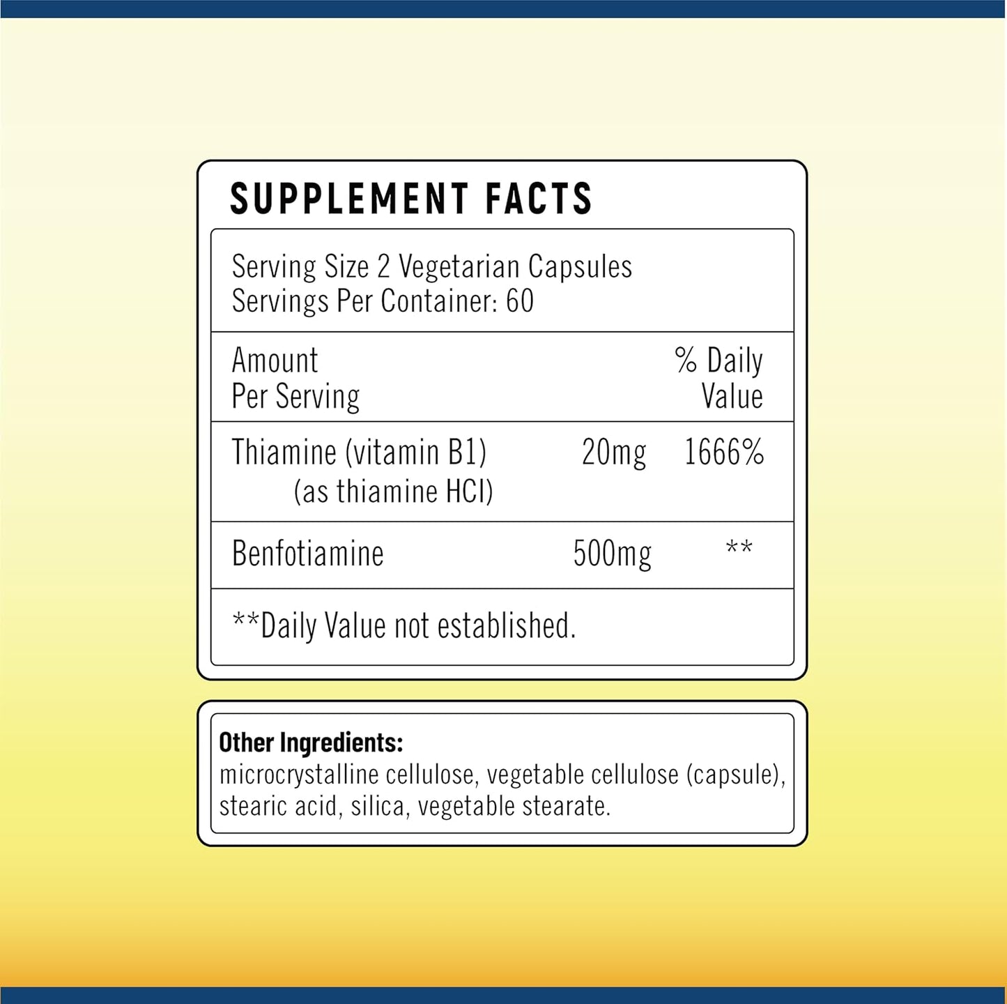 Benfotiamine 500mg Veggie Capsules - High Potency Fat Soluble Vitamin B1 Thiamine Supplement - Vegan, Non-GMO, Gluten Free - 120 Caps (250mg Per Cap)