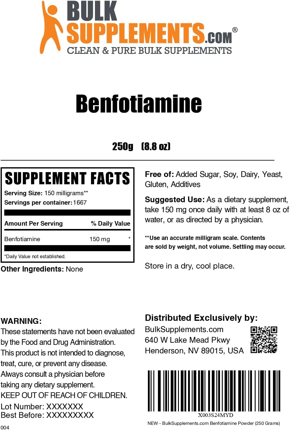 Benfotiamine Powder 150mg - Gluten Free Thiamine B1 Supplement - 250g (8.8 oz) Pack of 1 - Benfotiamine Supplement