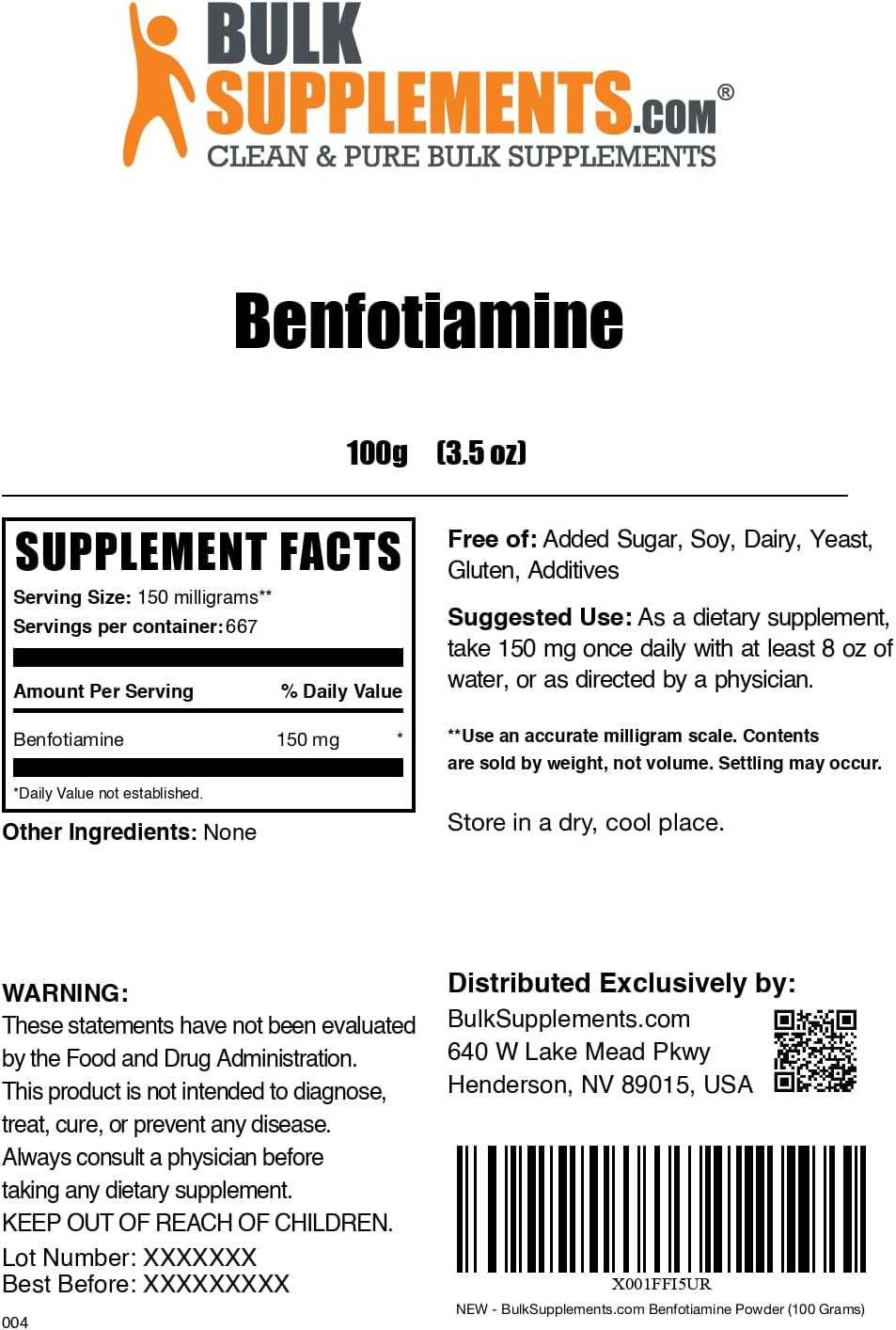 Benfotiamine Powder Supplement - 150mg per Serving, Gluten Free, 100g - Thiamine B1 Powder - Pack of 1