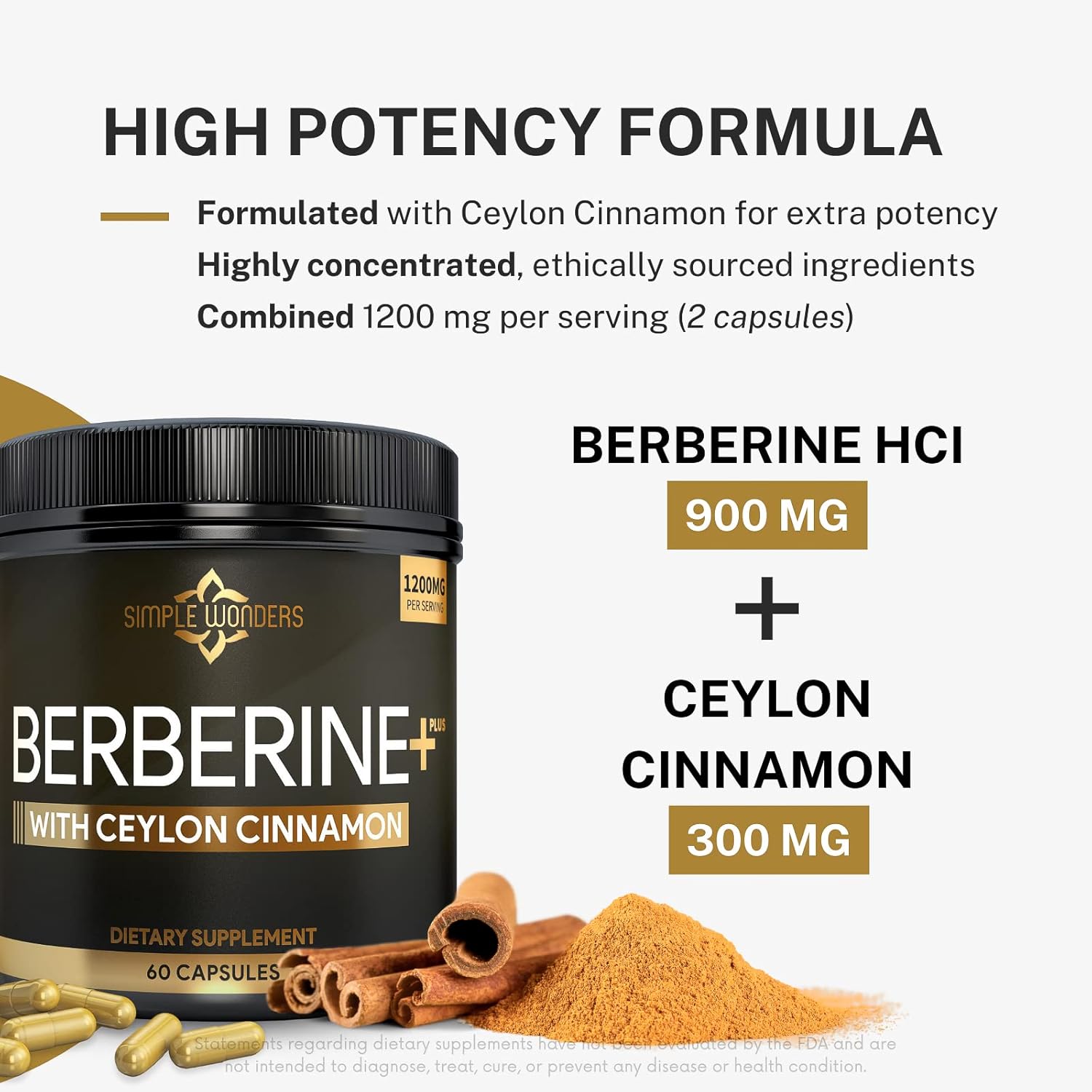 Berberine 1200mg HCL Capsules with Ceylon Cinnamon - Metabolic & Immune Support Supplement for Cardiovascular Health